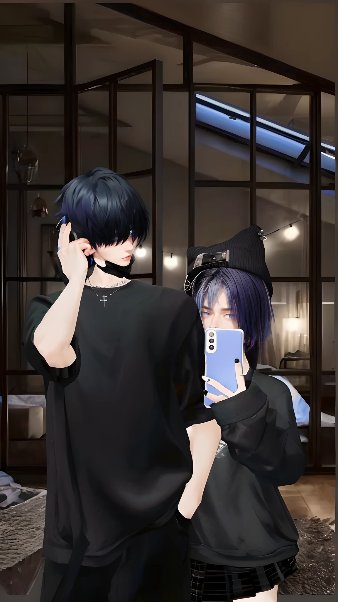 There is a man with purple hair holding a mobile phone, looking at his phone, imvu, second life avatar, Virtual Self, he is holding a smartphone, wearing all black mempo mask, inspired by Bian Shoumin, ( ( ( ( 3 d render ) ) ) ), Aesthetic!!, secondlife, distorted pose, tane skin, very aesthetic!!!!!!