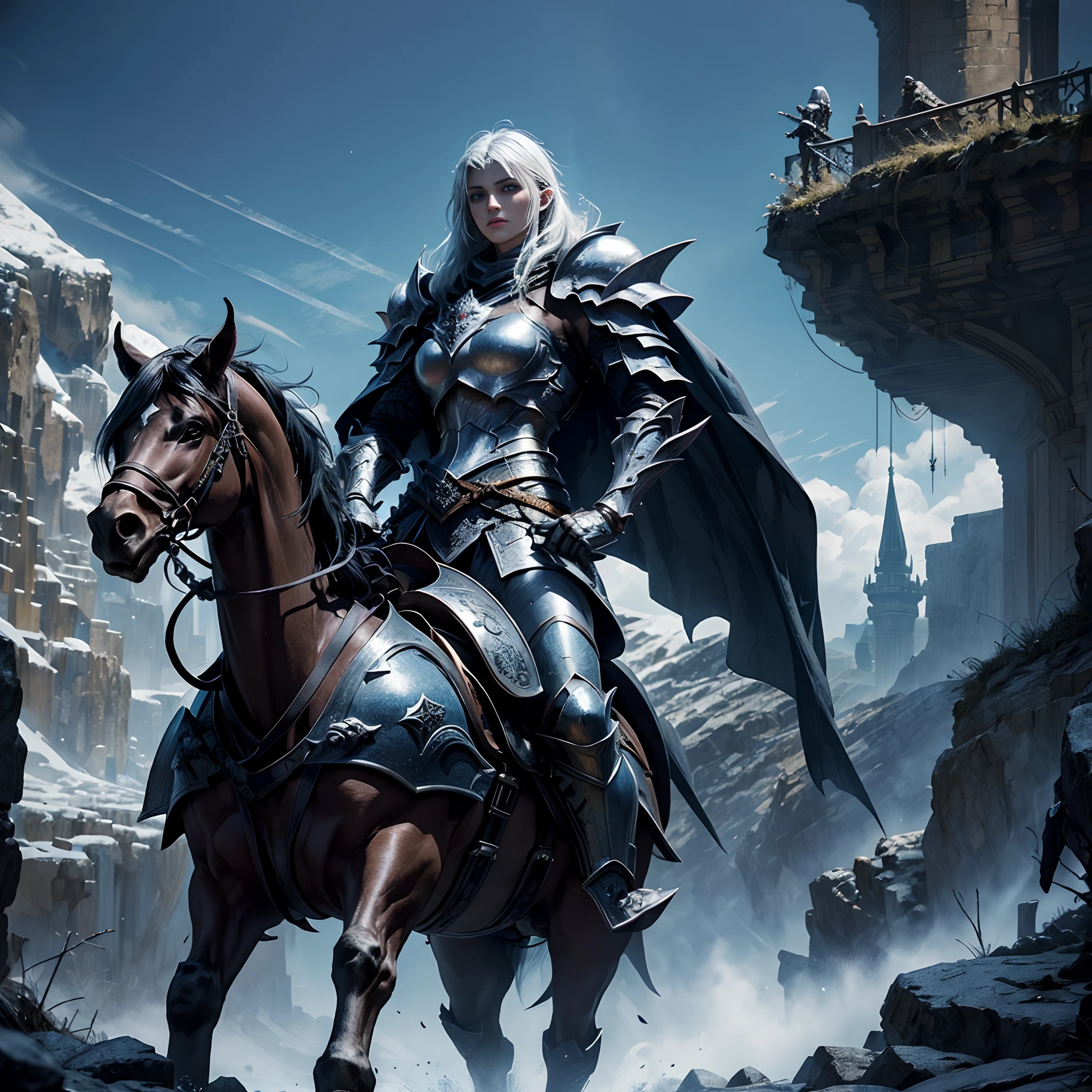 breathtaking , busty female elf in a leather armor riding a black nightmare in a dark fantasy world, dark colors, mountains with one castle in the background, award-winning, professional, highly detailed
