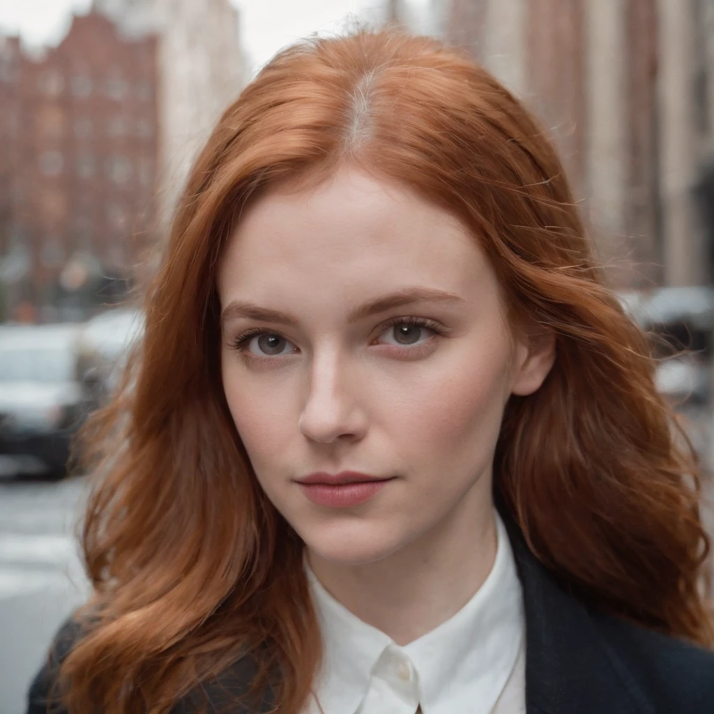 Beautiful young woman, 28 year old, Ginger hair,Soft hair, Cold, (Investigative journalist:1,5), Dark jacket, White dress shirt, new york city, press photography, 35mm, Kodak gold 200, Depth of field, importance