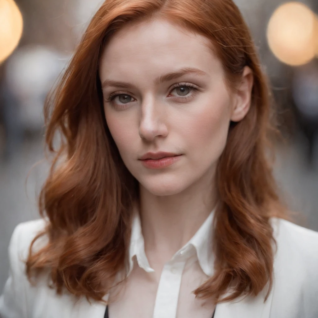 Beautiful young woman, 28 year old, Ginger hair,Soft hair, Cold, (Investigative journalist:1,5), Dark jacket, White dress shirt, new york city, press photography, 35mm, Kodak gold 200, Depth of field, importance