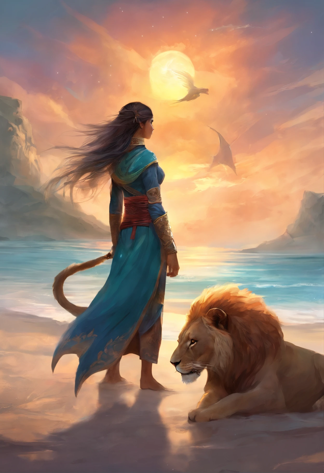a girl on the beach wearing ninja dress with the lion as a pet