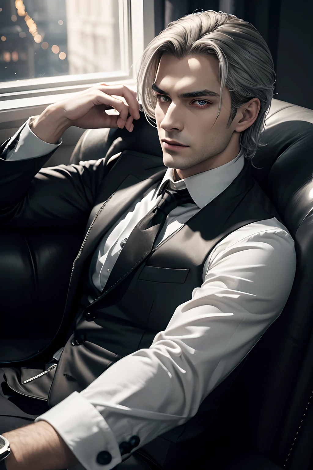 (masuter piece,Best Quality,Ultra-detailed), (A detailed face), 1boy people, (front-facing view),(Photorealsitic:1.2),(side lights,Beautiful Eyes of Details:1.2),shiny silver hair,red eyes,Black shirt with black tie,Vest with ornaments,shinny skin,独奏,Vampires,depth of fields,black light particles,sit on sofa,Mafioso,Underworld --auto