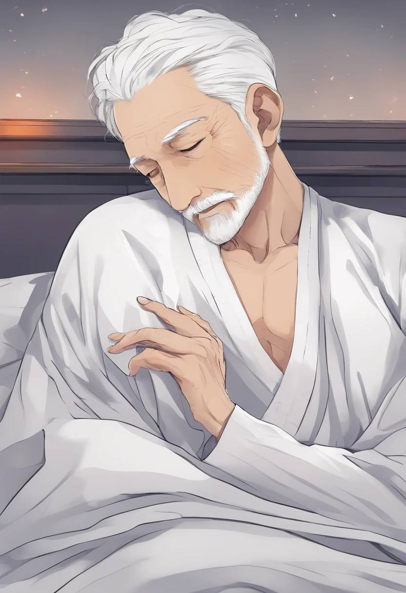 a old man,with short white hair,White beard,Lie down in bed,weak,Sick,