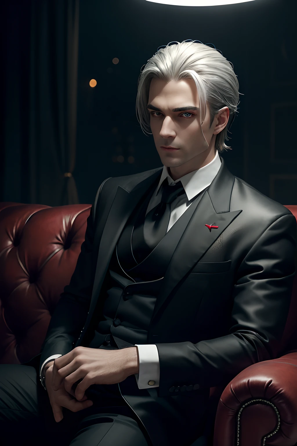 (masuter piece,Best Quality,Ultra-detailed), (A detailed face), 1boy people, (front-facing view),(Photorealsitic:1.2),(side lights,Beautiful Eyes of Details:1.2),shiny silver hair,red eyes,Black shirt with black tie,Vest with ornaments,shinny skin,独奏,Vampires,depth of fields,black light particles,sit on sofa,Mafioso,Underworld --auto