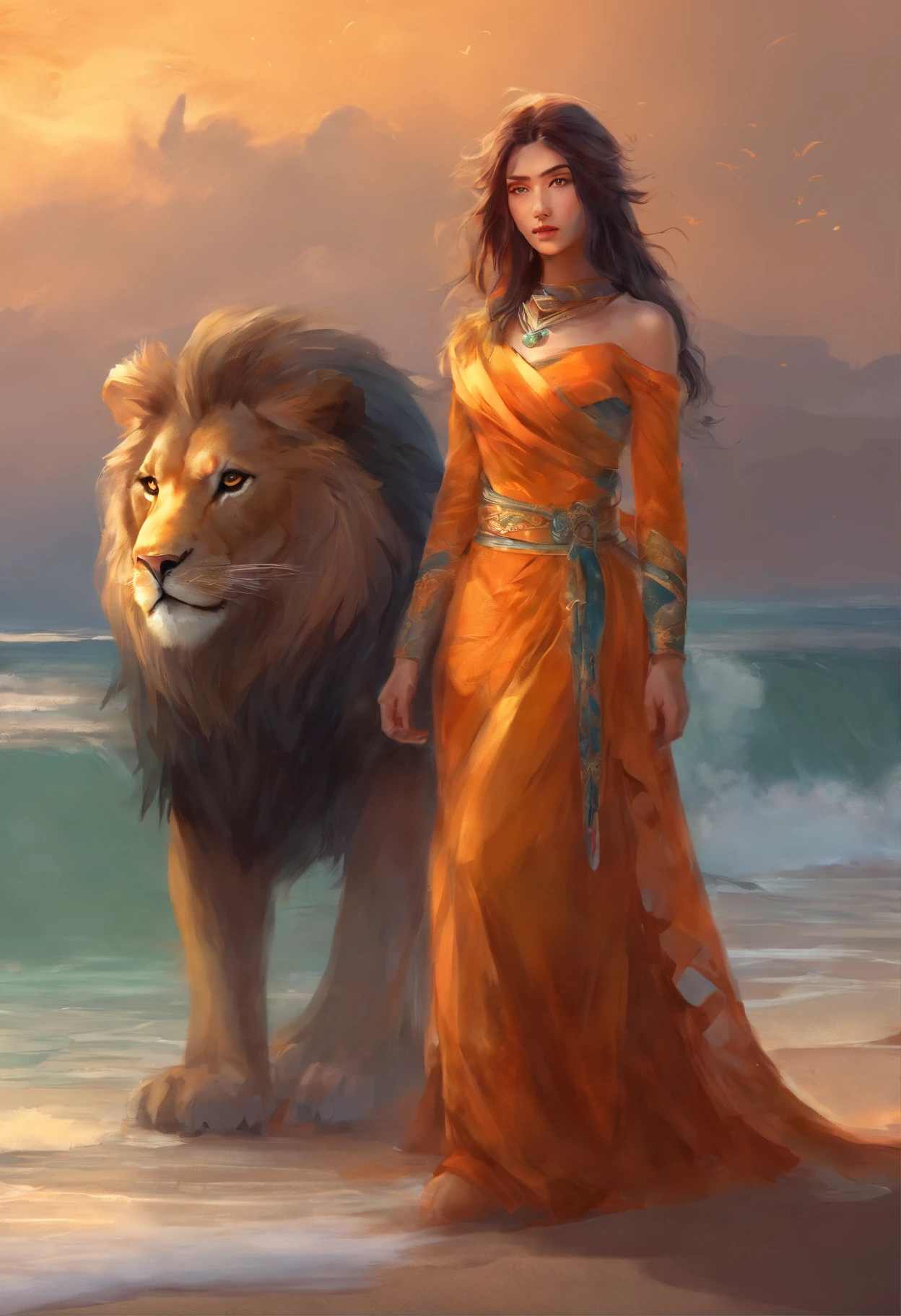 a girl on the beach wearing ninja dress with the lion as a pet