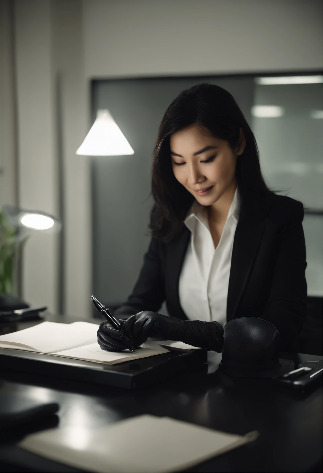Wearing black leather gloves in both hands, upper body, black business suit, facing the desk in the modern study in the dark, looking down and smiling, writing a letter using a fountain pen, long, straight black hair, young Japanese female new employee (black leather gloves cover both hands)