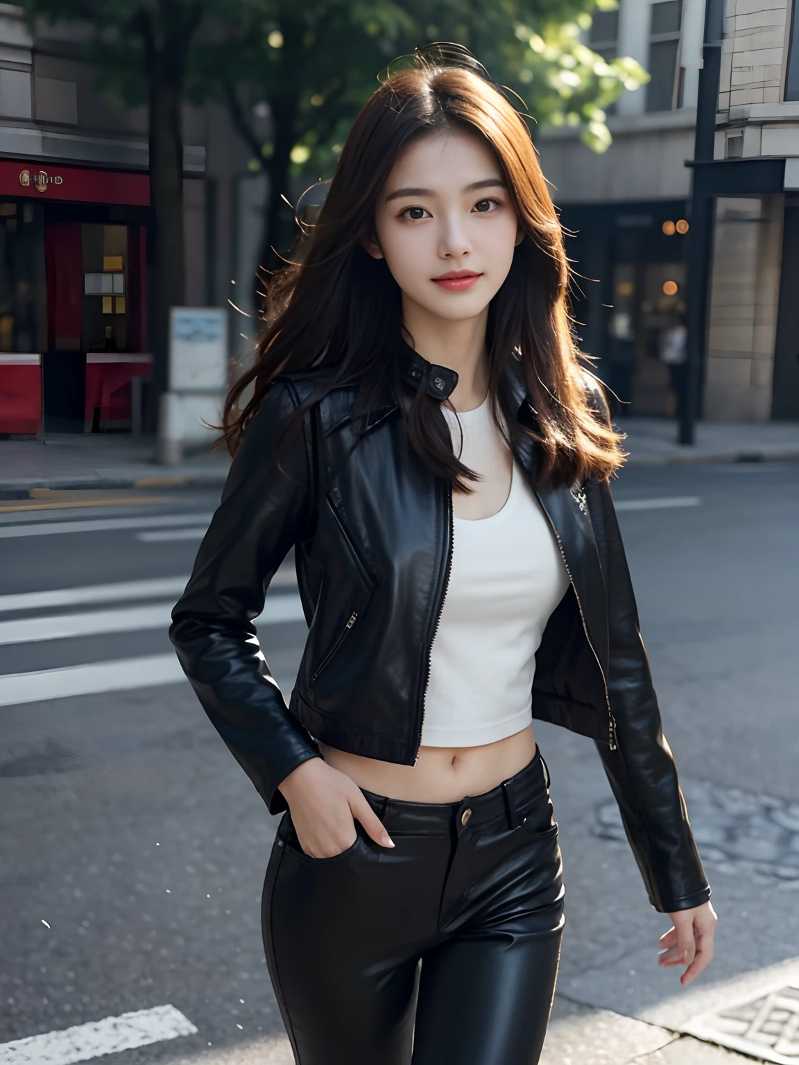 best qualtiy,tmasterpiece,超高分辨率,(真实感:1.4),RAW photogr,1girll,long whitr hair,Face Highlighting,Pure,Girly,Flushing,18yr old,18-year-old smiling female classmate,Pure,Innocent,(best qualtiy,8K,tmasterpiece:1.3),Goose egg face,largeeyes,long eyelasher,Exquisite(live-action realistic style),Star-like eyes,Ultimate face,Photorealistic light and shadow,Clear facial features,Milky white skin,Fair skin, highdetailskin, Realistic skin details, Visible Pore,(Super detail),(perfect bodies:1.1),long whitr hair,(dynamicposes),((Dynamic background((volumettic light:1.3)),the street,Black leather jacket,Deep V vest,Open navel,shorter pants,walking pose