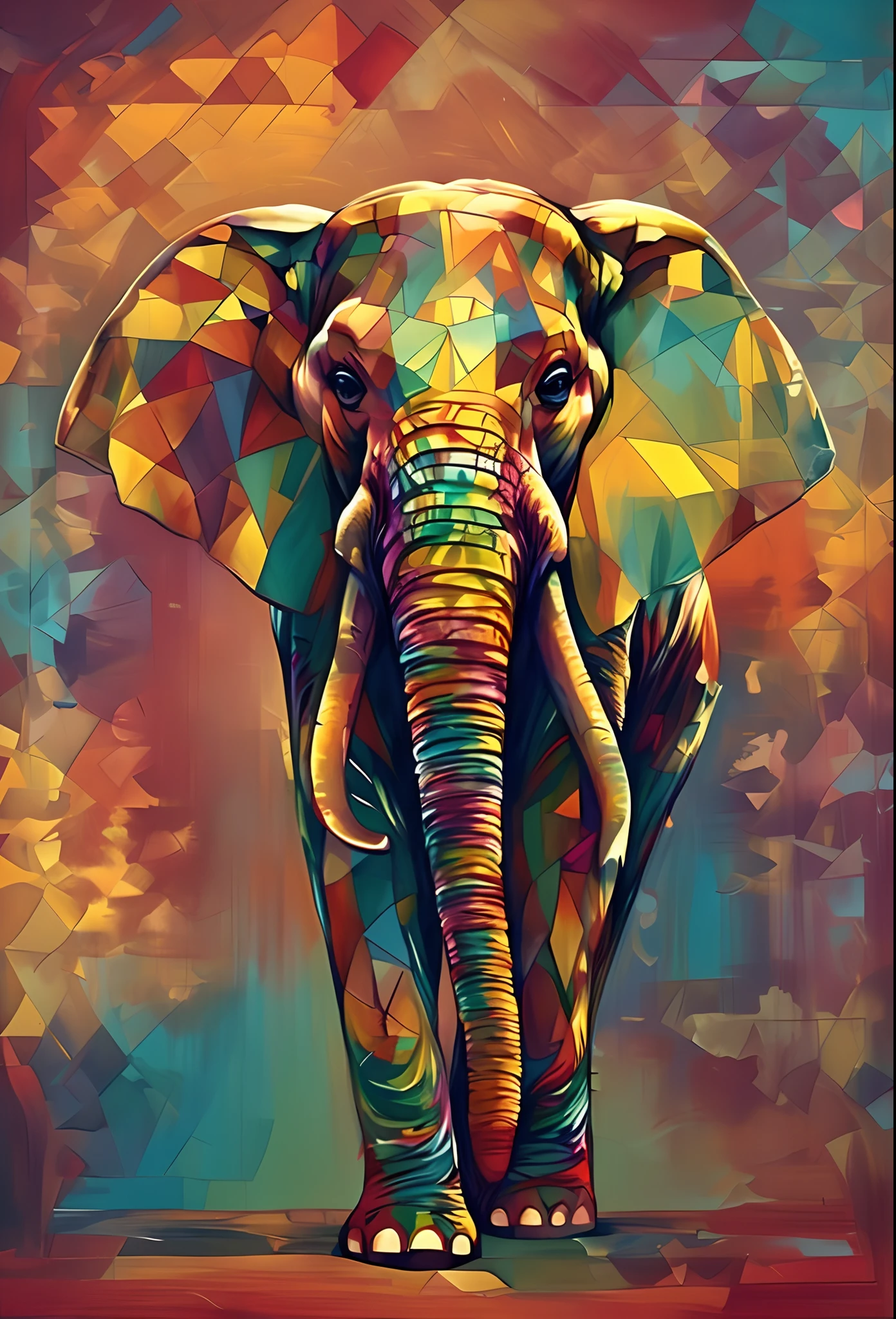 Bright colored elephant standing in front of a colorful background, Arte colorida do elefante, pintura bonita de um alto, elefante, Arte de Alessandro Pautasso, meio elefante, cheio de cores e detalhes ricos, elefante na sala, Directed by: Jakob Gauermann, um elefante, Directed by: Jason Benjamin, Arte poligonal, Bela arte UHD 4K, Directed by: Daniel Taylor