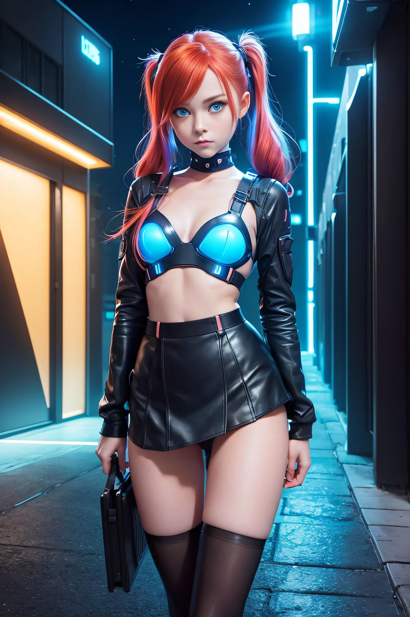 1 girl, solo, (nsfw), cute redhead 18-year-old girl in twin tails, ((perfect female body)), (cute face make up), multiple (rainbow colored hair: 1.2), (beautiful detailed blue eyes: 1.6), (photo realistic eyes: 1.6), happy, Ukrainian, (petite body), ((small hips)), pale white skin, (mini skirt and tube top), (matte pantyhose: 1.6), (("TRON LEGACY futuristic city" style background)), (night time:1.2), photo realistic.