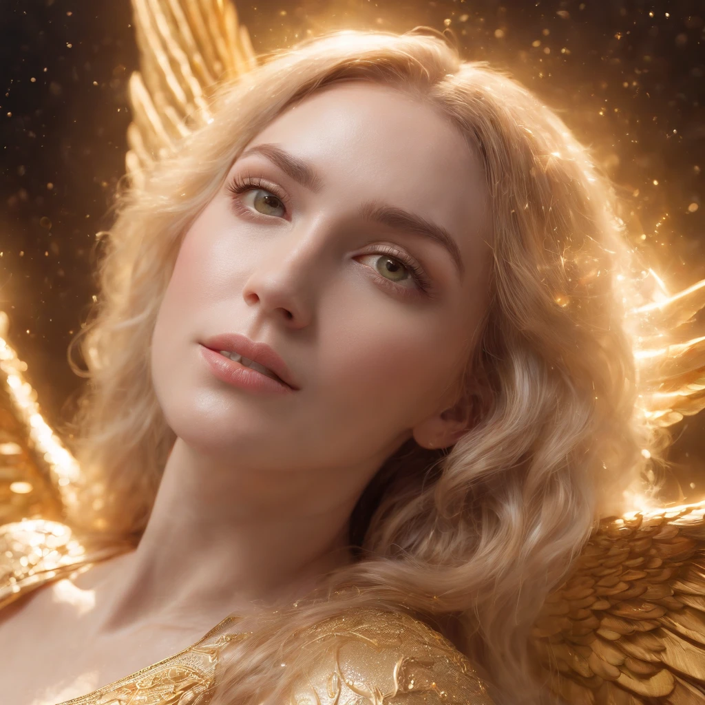 (best quality,4k,8k,highres,masterpiece:1.2),ultra-detailed,(realistic,photorealistic,photo-realistic:1.37),Cosmic Fallen golden Angel, medium close-up, glowing light eyes,Biomechanical,eerie,Creepy,nightmarish,Very bright colors,Light particles,with light glowing,Mshiff,wallpaper art,UHD wallpaper, (Paired with Canon EF 35mm F/1.4L II USM lens for versatile compositions:1.2),upper body