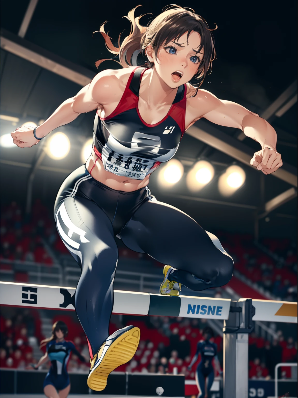 1 girl, ((matured woman jumping over a hurdle toward viewer on a track:1.3, dynamic action pose:1.2, left leg stretching straight toward viewer:1.2, leaning forward, sprint:1.2, athletic competition:1.2)), wearing white sports leggings and sports tank tops, (fine detailed eyes, super detailed face), (ultra high resolution, 8K RAW photo, super realistics, textile shading), outdoor, ((correct anatomy:1.37)), centered image, (shoulder focus:1.2), ((from center of front:1.37)), dynamic angle, from below, blurry background, bokeh,