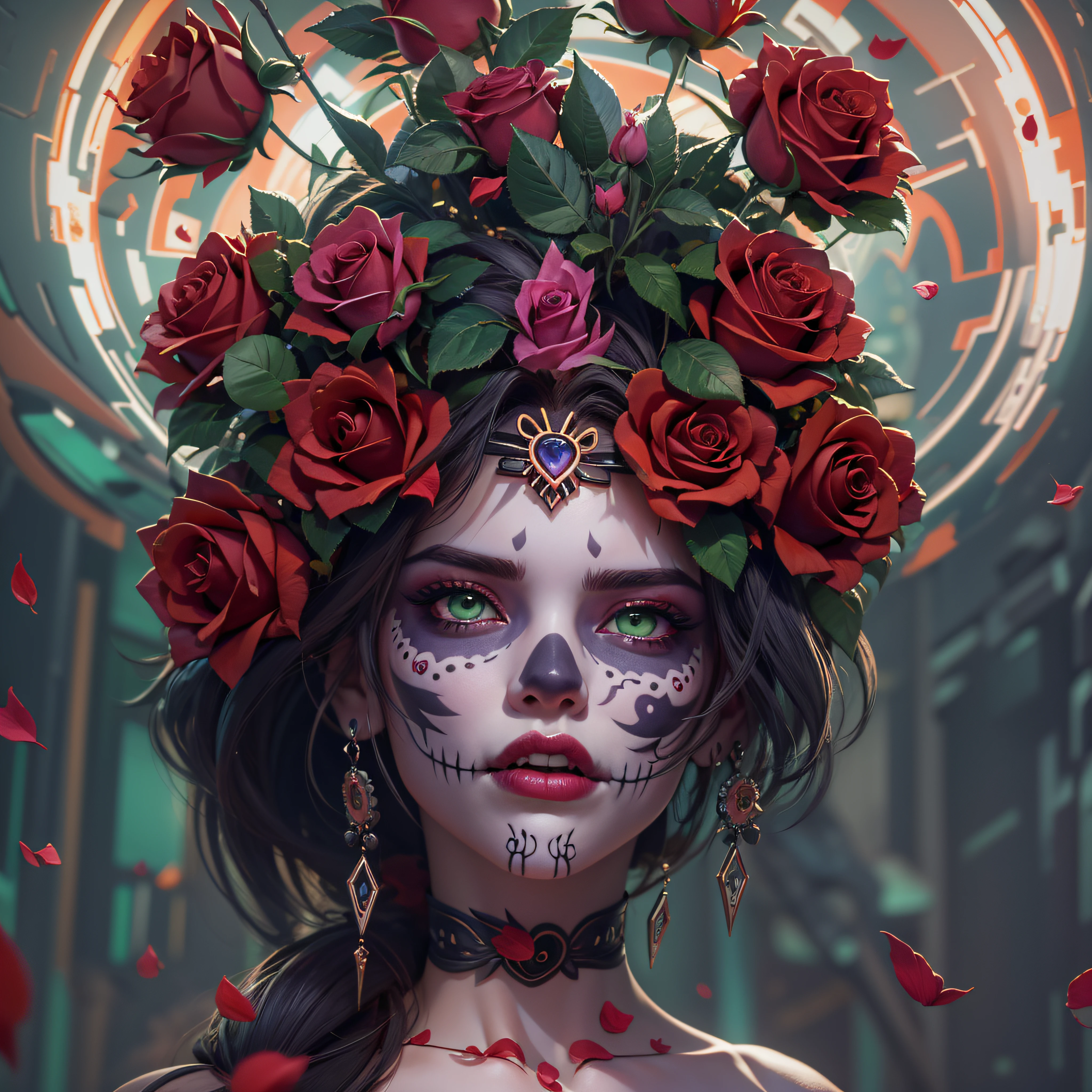 a close up of a woman (Adriana Lima :1.1) red lips, green eyes  there is a woman with a rose crown and a heart on her head, cyberpunk cyborg. roses, anime skull portrait woman, dia de los muertos. 8 k, artstyle tom bagshaw, 4k highly detailed digital art, deviantart artstation cgscosiety, 4k detailed digital art, 8k high quality detailed art, dia de muertos