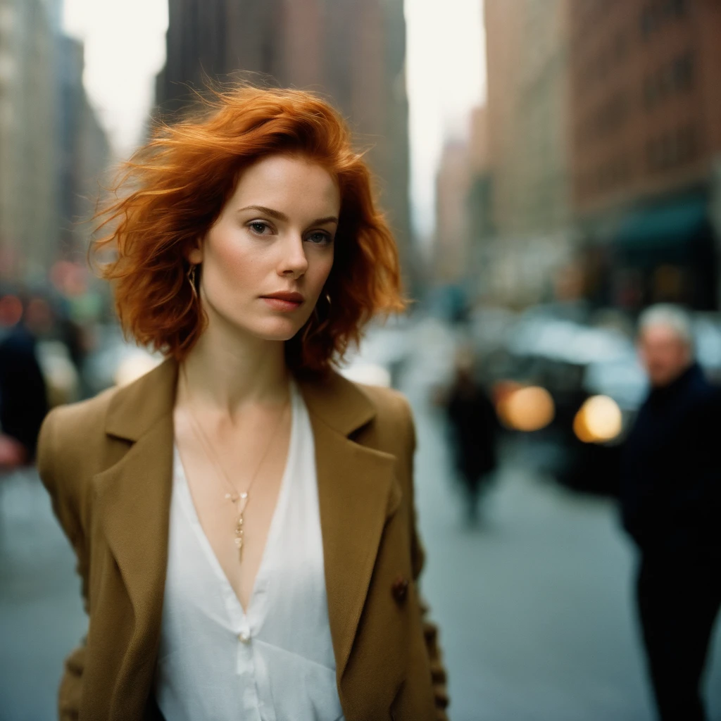 1girl, solo, analog photograph, polaroid, film grain, nude, irish woman, standing on a street corner, breasts, large breasts, fair skin, red hair, topless, wearing denim jeans, twilight, dusk, street lights, storm clouds, camera flash, concern facial express, looking off camera