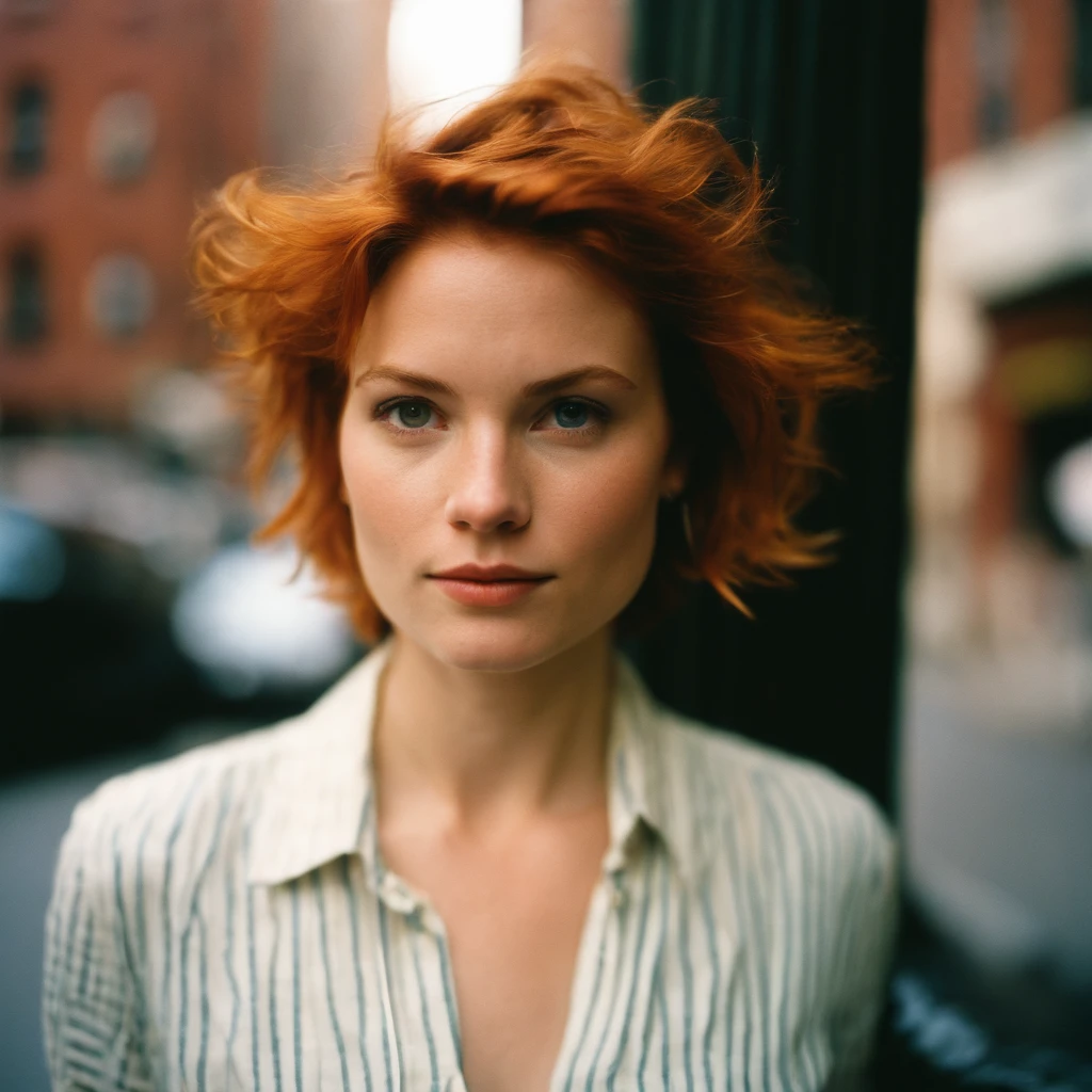 Beautiful young woman, 28 year old, Short messy hair, Ginger hair, Soft hair, Straight hair, Cold, (Investigative journalist:1,5), new york city, press photography, 35mm, Kodak gold 200, Depth of field, importance