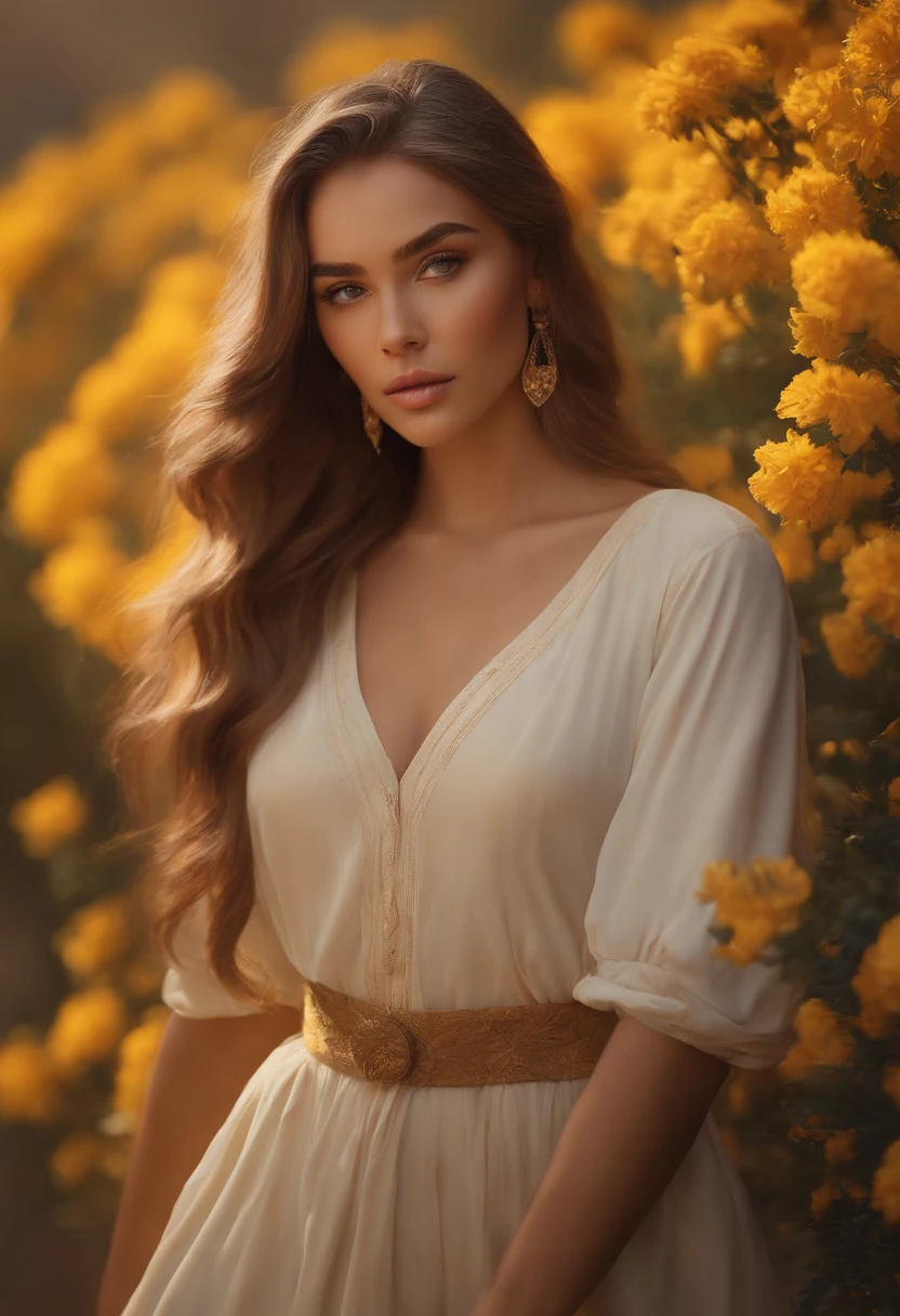 a painting of a woman with long hair, beauty filter, colors: yellow, madison beer girl portrait, yulia nevskaya, fully clothed. painting of sexy, on a canva, florence pugh, cgsociety 9, by Saurabh Jethani, no duplicate image, marigold, stylized portrait h 1280