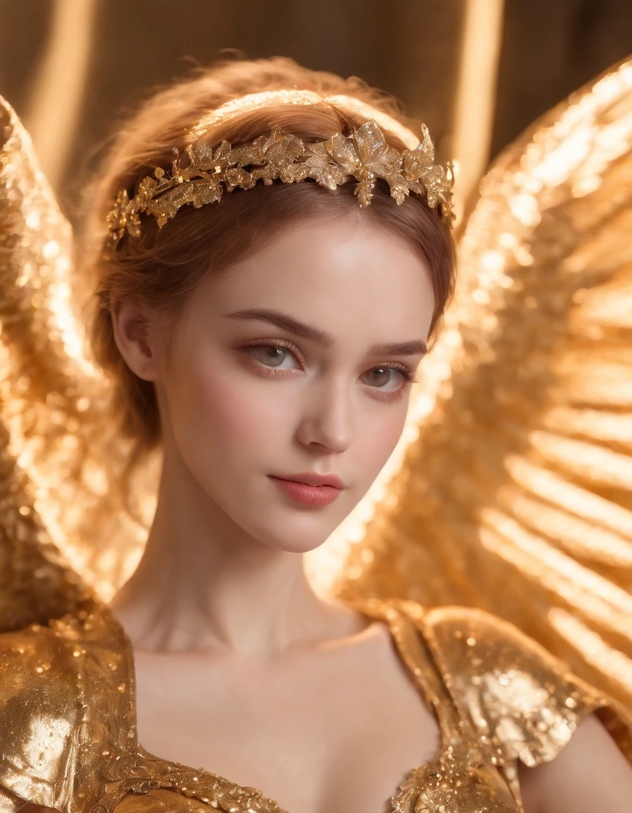 (best quality,4k,8k,highres,masterpiece:1.2),ultra-detailed,(realistic,photorealistic,photo-realistic:1.37),Cosmic Fallen golden Angel, medium close-up, glowing light eyes,Biomechanical,eerie,Creepy,nightmarish,Very bright colors,Light particles,with light glowing,Mshiff,wallpaper art,UHD wallpaper, (Paired with Canon EF 35mm F/1.4L II USM lens for versatile compositions:1.2),upper body