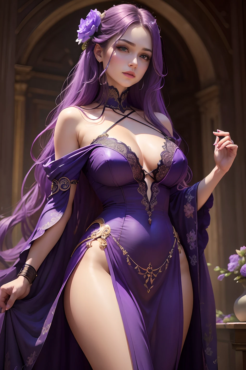 (best quality,4k,8k,highres,masterpiece:1.2),ultra-detailed,(realistic,photorealistic,photo-realistic:1.37),a violet woman with long flowing hair and piercing violet eyes, wearing an elegant violet dress, standing tall with a confident and fearless posture, surrounded by vibrant violet flowers and leaves. The flowers have various shades of violet, from deep violet to light lavender, creating a stunning color palette. The woman's skin is flawless and glowing, with a soft violet hue. She has a fierce and determined expression, showcasing her strength and resilience. Her lips are painted with a deep violet shade, adding to her bold and captivating look. The lighting is soft and gentle, casting a subtle violet glow on the scene. This artwork is done in a realistic style, with every detail meticulously rendered, from the intricate folds of the woman's dress to the delicate petals of the flowers. The overall atmosphere exudes power, beauty, and elegance, making it a true masterpiece.