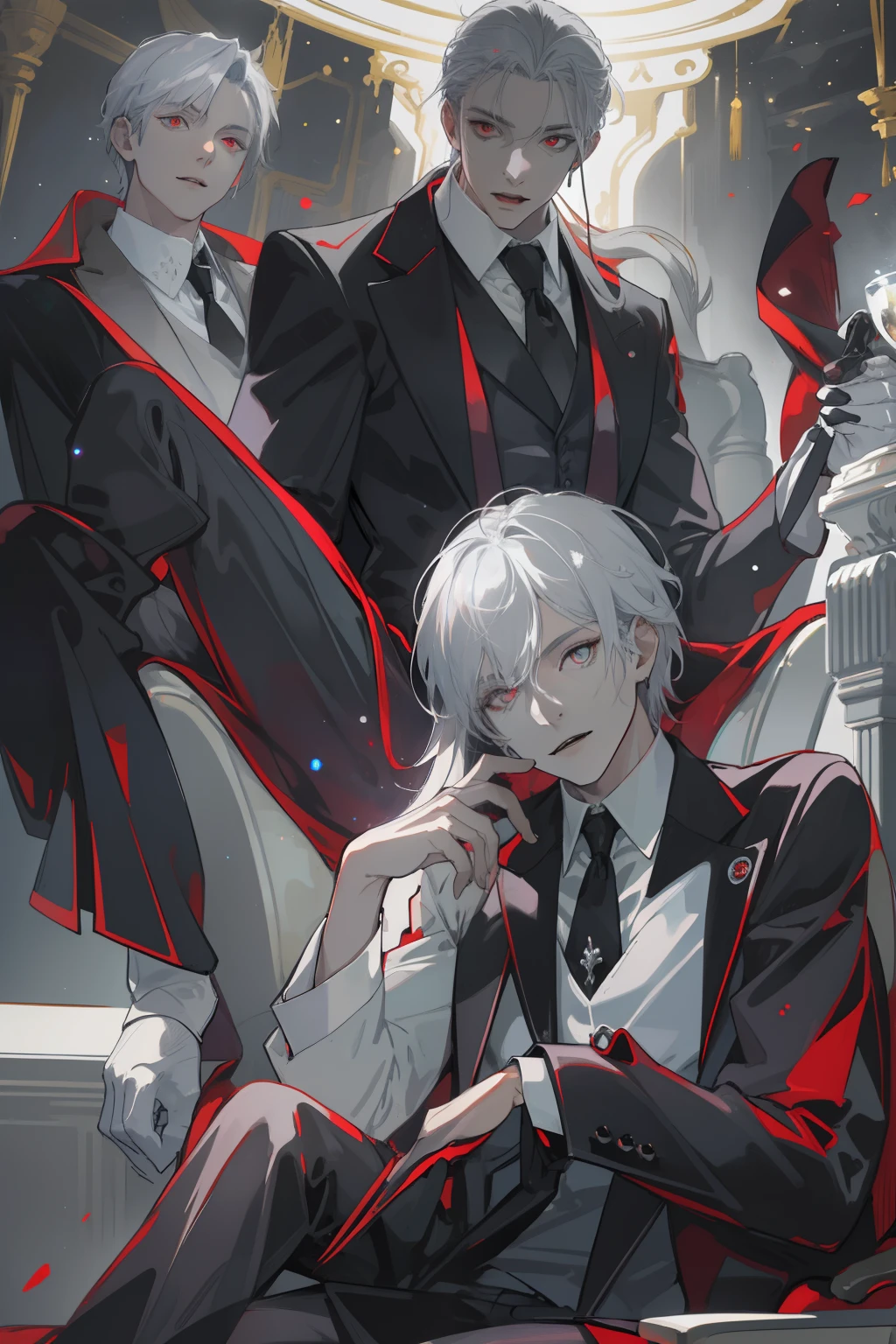 (masuter piece,Best Quality,Ultra-detailed), (A detailed face), 1boy people, A young man who left his boyhood behind,(front-facing view),(Photorealsitic:1.2),(side lights,Beautiful Eyes of Details:1.2),shiny silver hair,red eyes,Black shirt with black tie,Vest with ornaments,shinny skin,独奏,Vampires,depth of fields,black light particles,sit on sofa,Mafioso,Underworld