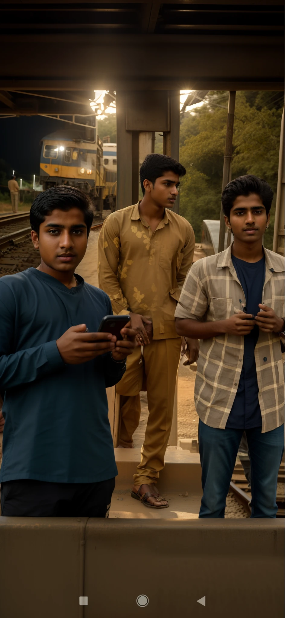 Raw photo, there are three Indian 19 year old men standing on a train track with a cell phone,  real life picture, best quality, hyperrealistic, 8k uhd quality, extremely detailed face, extremely detailed lighting, extremely detailed cloths, soft light, smooth, extremely detailed background. Expressive eyes