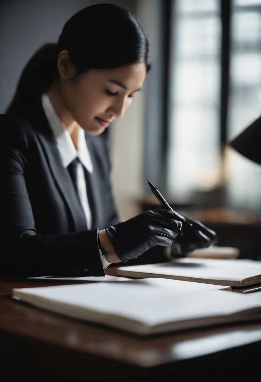 Wearing black leather gloves in both hands, upper body, black business suit, facing the desk in the modern study in the dark, looking down and smiling, writing a letter using a fountain pen, long, straight black hair, young Japanese female new employee (black leather gloves cover both hands)