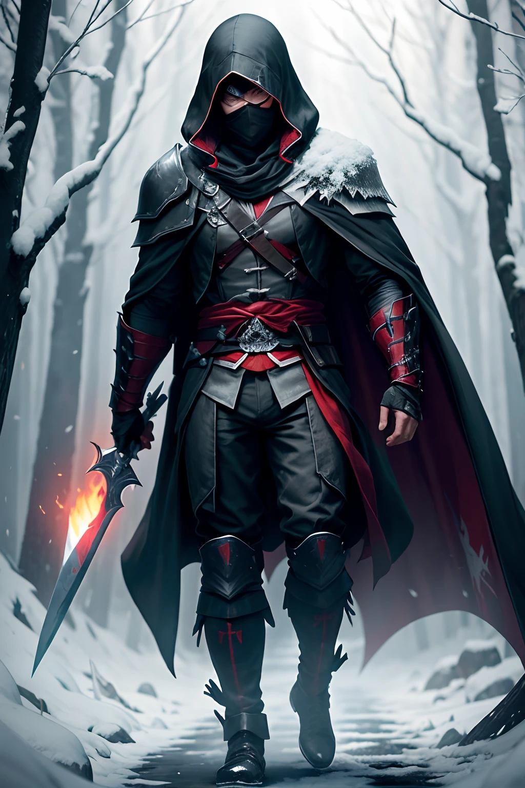 Wounded Ghost ninja wearing a black Assassin's Creed style cape, walking through a burning forest on a snowy night, High Saturation,equip dual hidden blade's, Flintlock, White Eyes, Fire in Background, High Saturation, Hot Colors, Cold Colors in Background, eye patch sytle pirate.