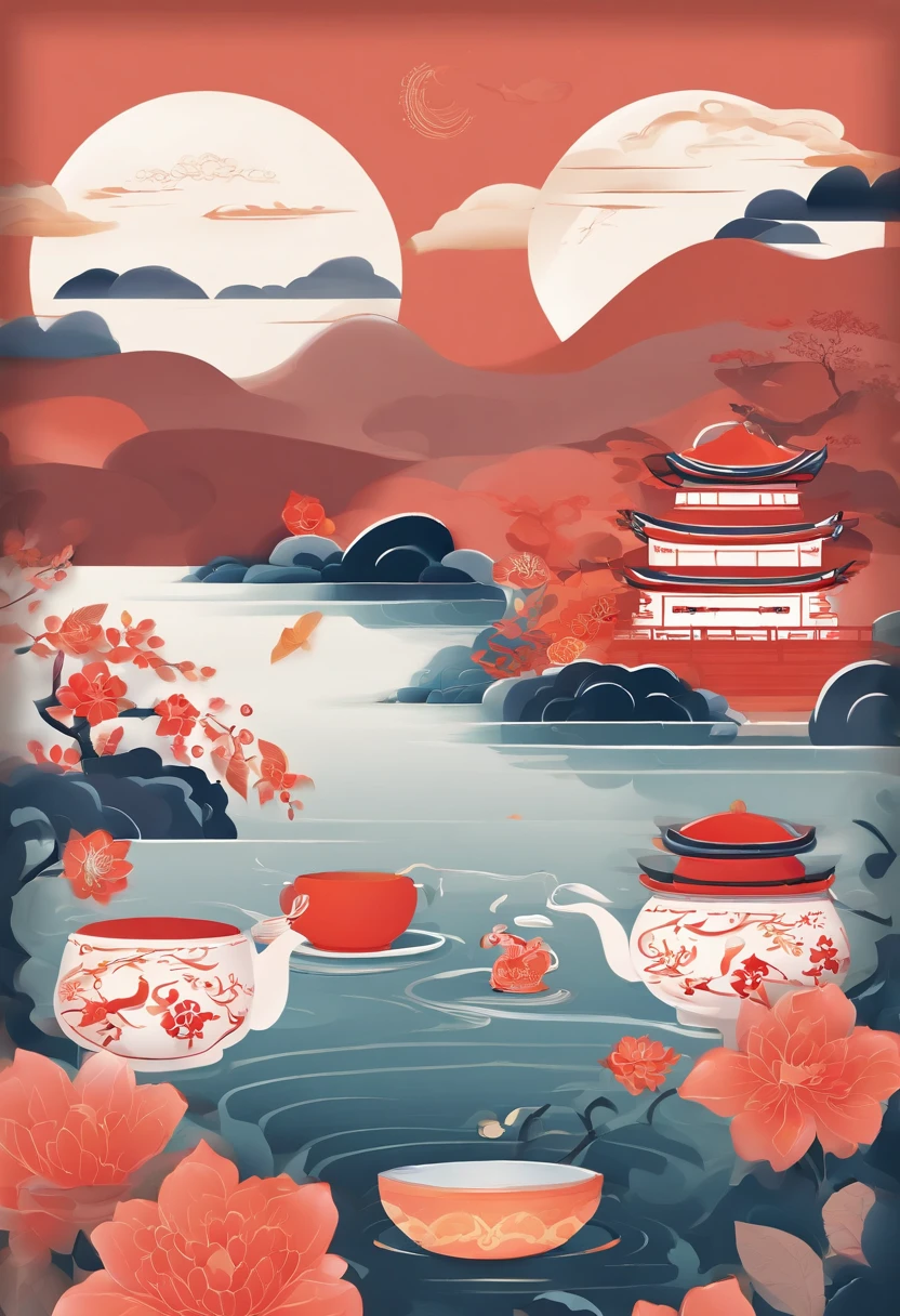 Peaceful atmosphere in the moonlight. Chinese style illustration，It depicts the festive atmosphere of the Mid-Autumn Festival，Mooncakes are delicate and delicate, Showcase its unique patterns and flavors. The landscape is decorated with traditional Chinese elements, Including picturesque mountains and flowing rivers. tea set, Consists of a beautifully made tea tray, teapot, and teacups,The artwork is of the best quality, Ultra-detailed visuals，Bring every element to life. The scene was shot in a realistic and realistic style, Enhance the richness and depth of your images. The color palette is carefully chosen，to showcase the fascinating colors of Chinese culture, And the lighting creates a charming atmosphere, Highlight the beauty of the scene.