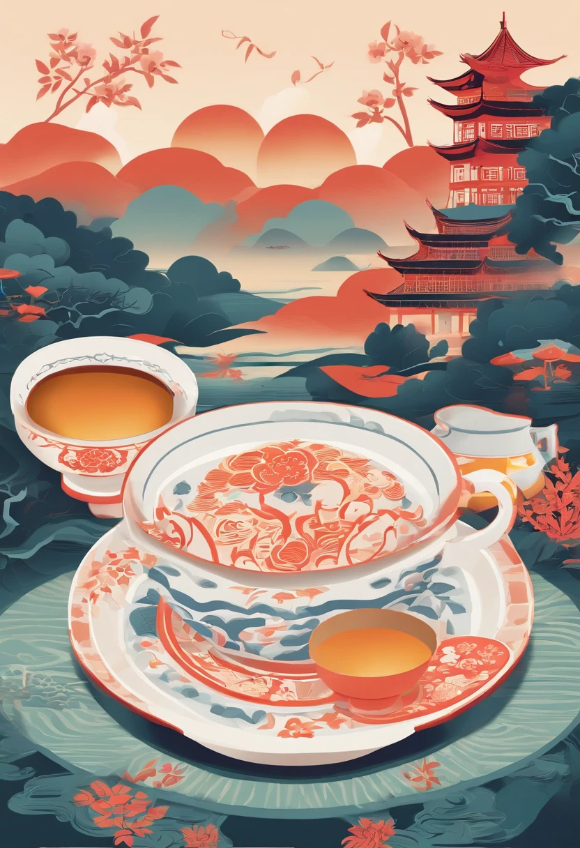 Peaceful atmosphere in the moonlight. Chinese style illustration,It depicts the festive atmosphere of the Mid-Autumn Festival,Mooncakes are delicate and delicate, Showcase its unique patterns and flavors. The landscape is decorated with traditional Chinese elements, Including picturesque mountains and flowing rivers. tea set, Consists of a beautifully made tea tray, teapot, and teacups,The artwork is of the best quality, Ultra-detailed visuals,Bring every element to life. The scene was shot in a realistic and realistic style, Enhance the richness and depth of your images. The color palette is carefully chosen,to showcase the fascinating colors of Chinese culture, And the lighting creates a charming atmosphere, Highlight the beauty of the scene.