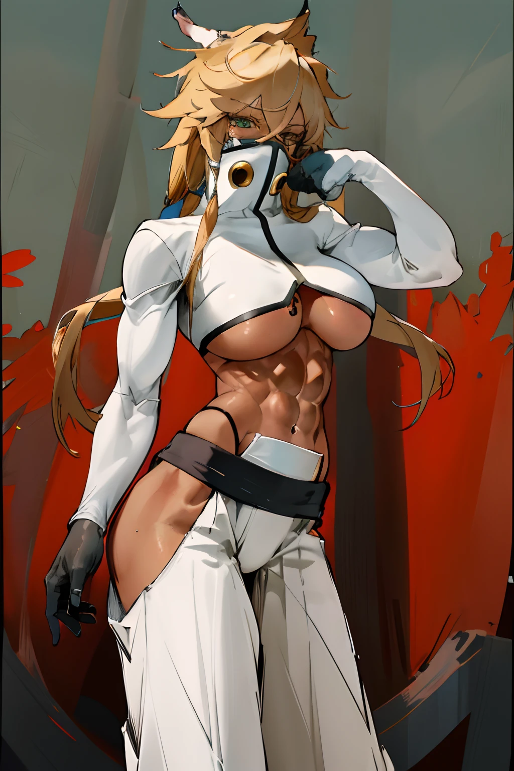 masterpiece, best quality, highres, th1, high collar, covered mouth, underboob, large breasts, long hair, midriff, revealing clothes, gloves, breasts tattoo, white pants, outdoors, standing, cowboy shot, muscular female
