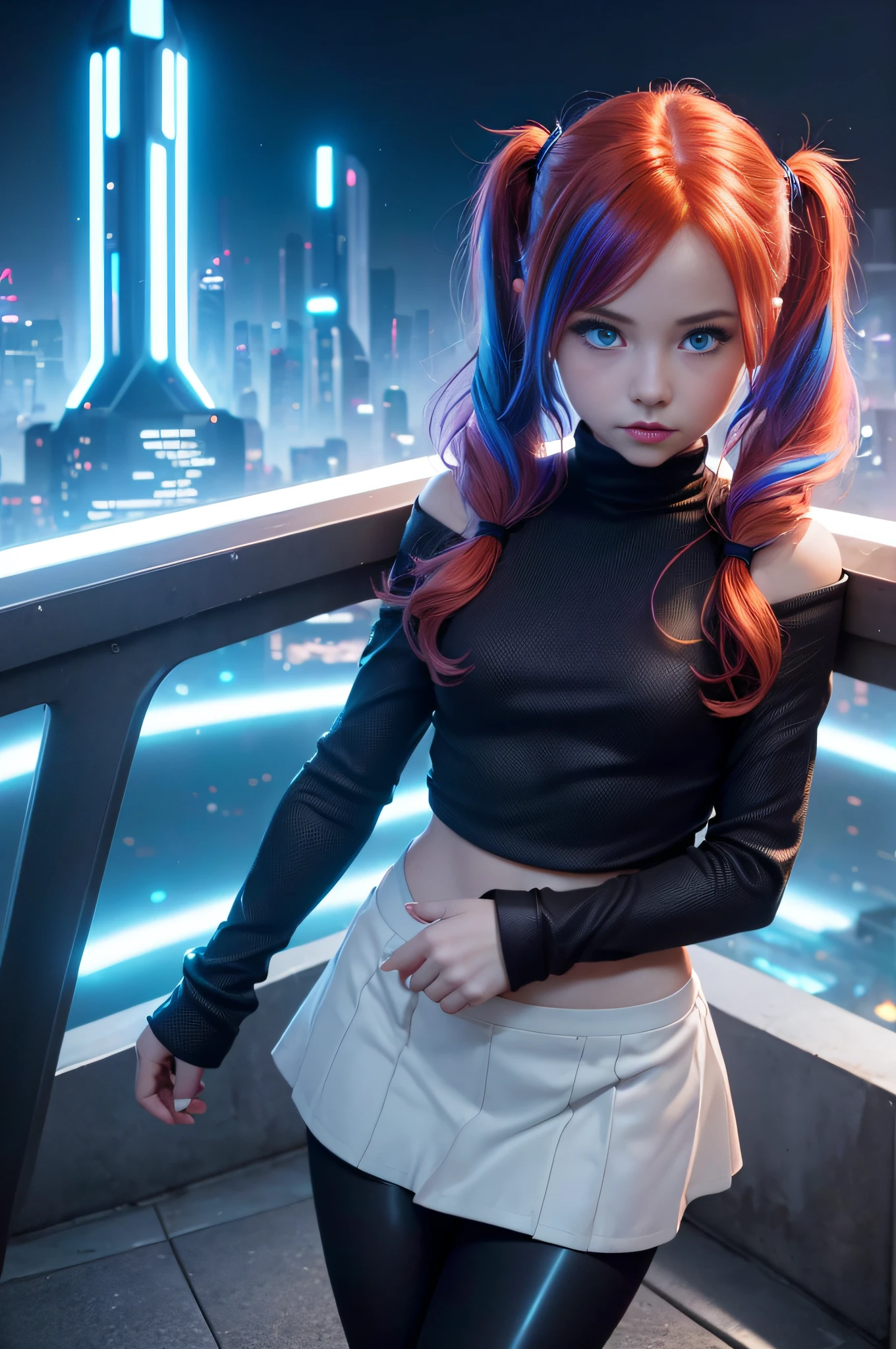 1 girl, solo, (nsfw), cute redhead 18-year-old girl in twin tails, ((perfect female body)), (cute face make up), multiple (rainbow colored hair: 1.2), (beautiful detailed blue eyes: 1.6), (photo realistic eyes: 1.6), happy, Ukrainian, (petite body), ((small hips)), pale white skin, (mini skirt and tube top), (matte pantyhose: 1.6), (("TRON LEGACY futuristic city" style background)), (night time:1.2), photo realistic.