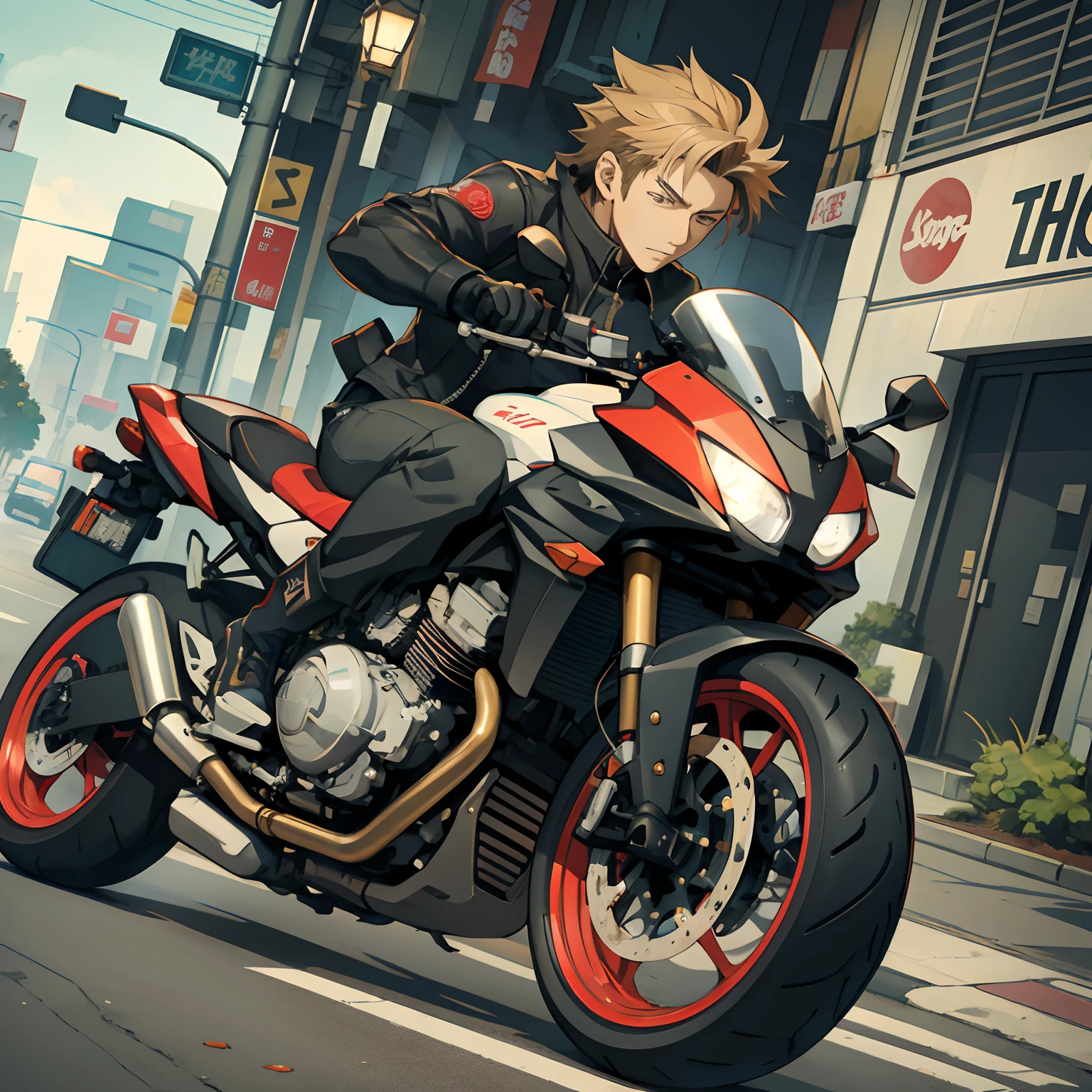 anime style picture of a man riding a motorcycle on a city street, akira moto, badass anime 8 k, akira's motorcycle, krenz cushart and artem demura, rob rey and kentaro miura style, cushart kenz, akira motorcycle, painted in anime painter studio, made with anime painter studio, anime style 4 k, motorcycle concept art