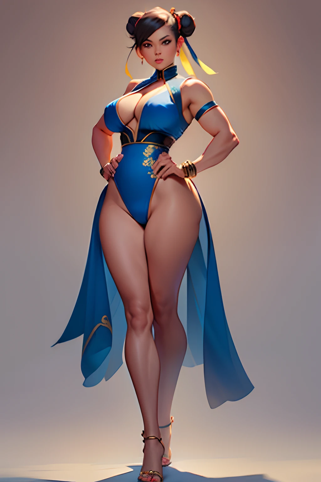 (masterpiece, best quality, high resolution), chun-li, chunlims, full body, full body view, hair bun, double bun, eyeshadow, makeup, chinese clothes, pelvic curtain, solo, dress, bracelet, ribbon, pants, blue pants, makeup, short sleeves, wide hips, thick thighs, thigh gap, cameltoe, big breasts, hard nipples, perky tits, visible areolas, visible nipples, nsfw, bare legs, bare feet, beautiful legs, beautiful feet