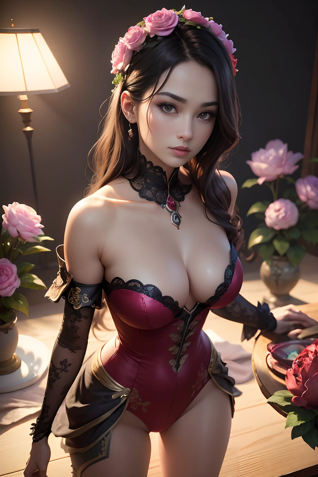(best quality,4k,8k,highres,masterpiece:1.2),ultra-detailed,(realistic,photorealistic,photo-realistic:1.37),vivid colors,sharp focus,HDR,fighting stance,full body,Peony woman,beautiful detailed eyes,beautiful detailed lips,extremely detailed face,long eyelashes,fierce look,Peony flower color palette,studio lighting,saturated colors,physically-based rendering