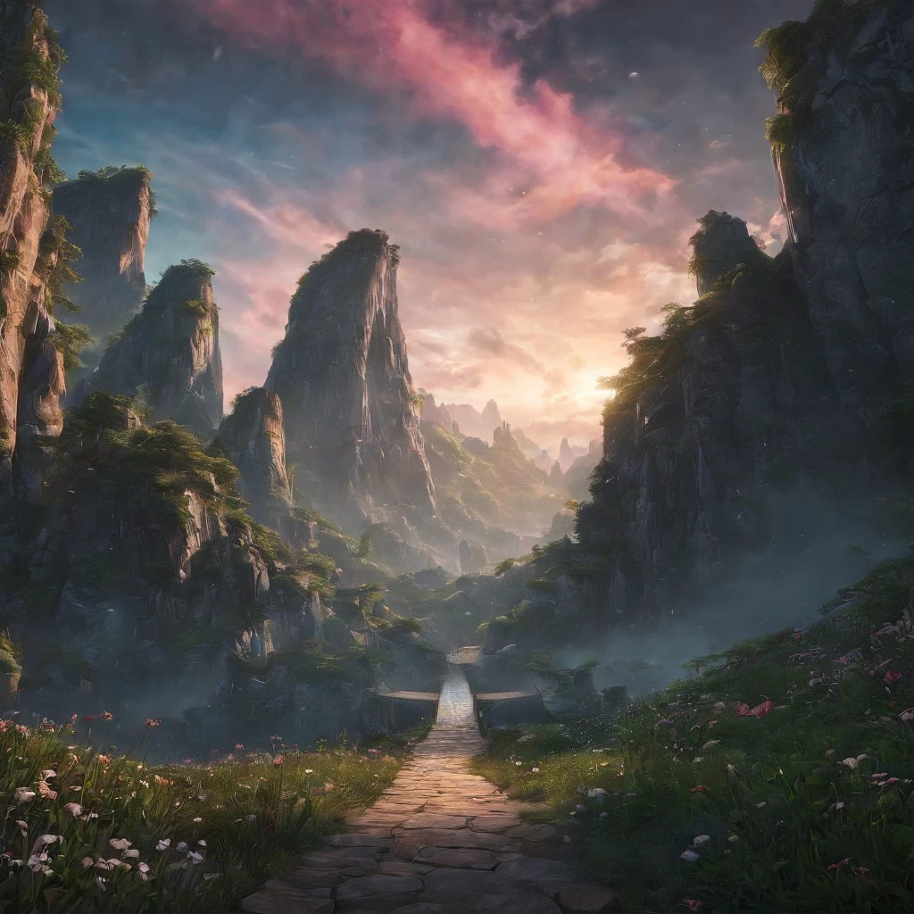 Magnificent view,Landscape photography in the forest Professional high quality nature digital photography,rainy evening,Spring flower bush in moonlight,precipice,Eau,Megalithic groups of different shapes,foggy sky,Traces of rain,Nightmare vision,Dark fantasy plot,Perfect and excellent composition,8K分辨率,the detail,Ultra-wide-angle long-range shooting,Simple and beautiful,Minimalist,Nero+blanche+ash+Cyan tones,Jack Guzman's environmental art photography,realisticlying,vividness, A detailed, stunning skies,Colorful clouds float, best qualtiy, high qulity, absurderes,unmanned background,The is very detailed、Detailed lighting shadows,Trends on ArtStation、iintricate、high detal、dramatics、(Volumetriclighting:1.2)hdr shot。(Ultra vision+Super deep view+ultra-wide-angle:1.2)(realisticlying:1.4)tmasterpiece、high high quality、Beautiful photography、globalillumination