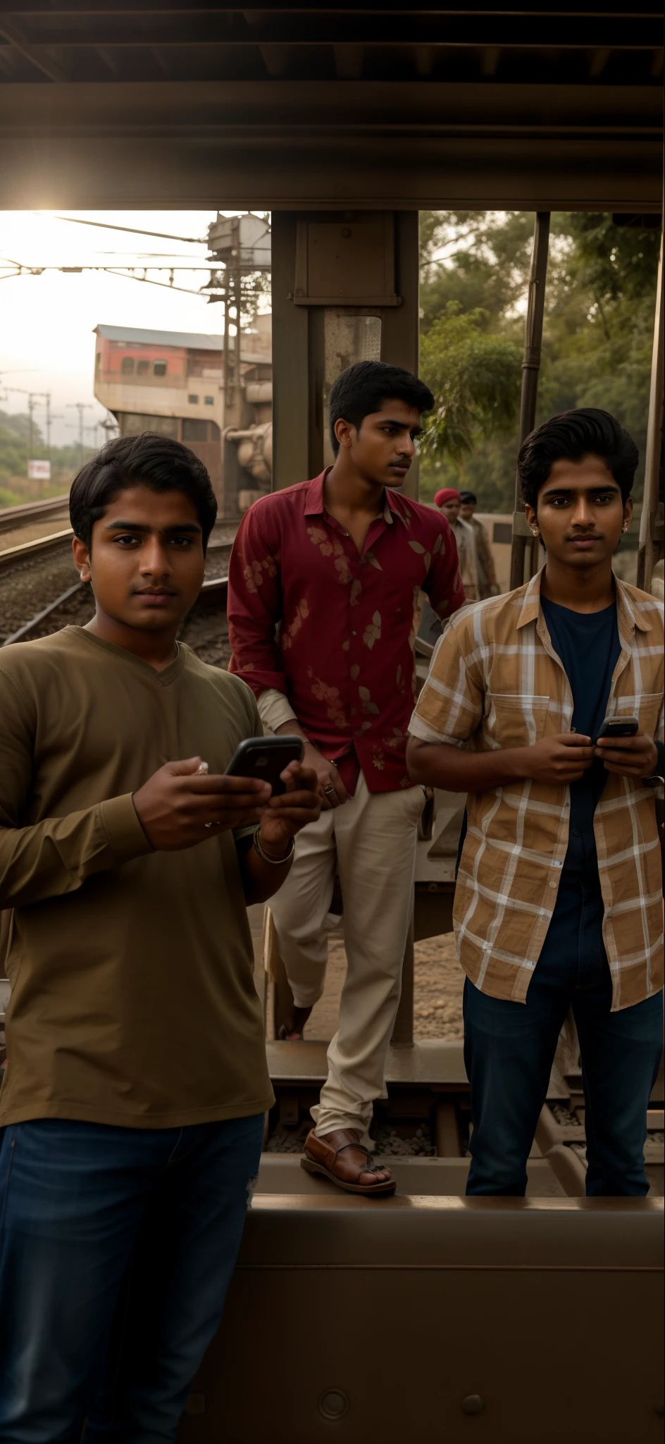 Raw photo, there are three Indian 19 year old men standing on a train track with a cell phone, real life picture, best quality, hyperrealistic, 8k uhd quality, extremely detailed face, extremely detailed lighting, extremely detailed cloths, soft light, smooth, extremely detailed background. Expressive eyes