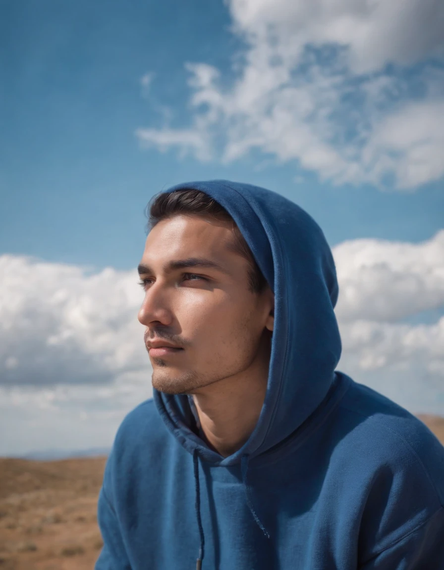 man dressed in indigo blue sweatshirt, a cloud covers his head, sky in the background, daylight, vibrant colors, high quality photo,upper body