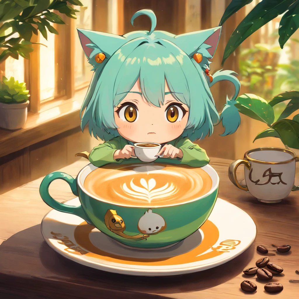 Coffee contains artistic coffee latte art, In the style of an ethereal figure, Orient - Inspiration, Avocado punk, sculptures, Kubisiato, Birds - Theme, Carrie Maywemys,Chibi,Gothloli cat