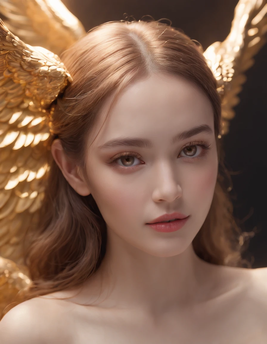 (best quality,4k,8k,highres,masterpiece:1.2),ultra-detailed,(realistic,photorealistic,photo-realistic:1.37),Cosmic Fallen golden Angel, medium close-up, glowing light eyes,Biomechanical,eerie,Creepy,nightmarish,Very bright colors,Light particles,with light glowing,Mshiff,wallpaper art,UHD wallpaper, (Paired with Canon EF 35mm F/1.4L II USM lens for versatile compositions:1.2),upper body