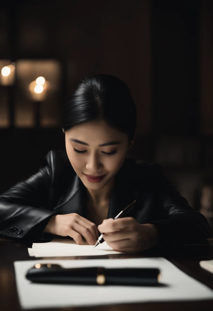 Wearing black leather gloves in both hands, upper body, black business suit, facing the desk in the modern study in the dark, looking down and smiling, writing a letter using a fountain pen, long, straight black hair, young Japanese female new employee (black leather gloves cover both hands)