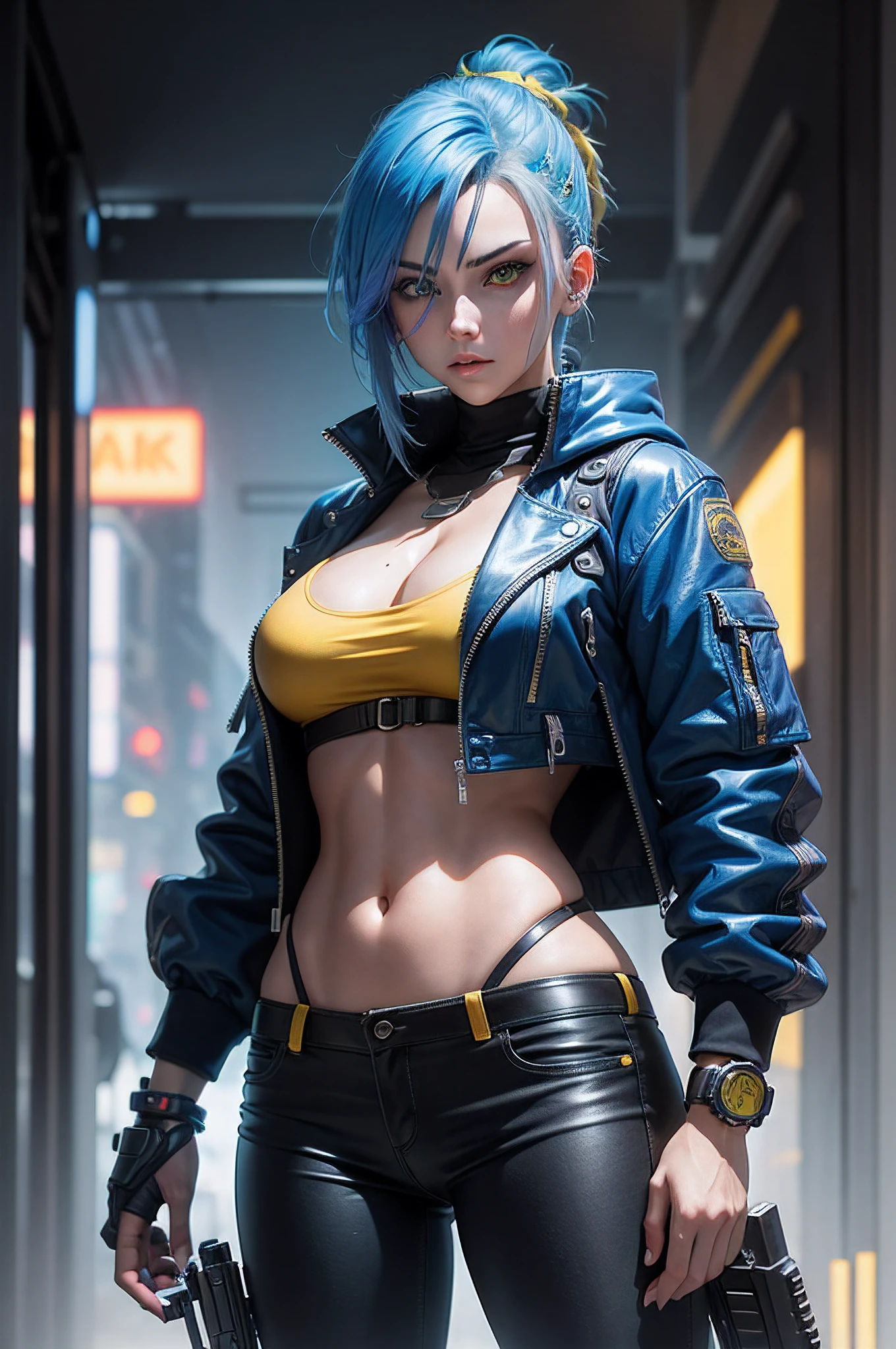 cyberpunk, no background in the picture, posing with gun in hand, blue hair, yellow eyes, wearing tight pants, closed clothes, sexy anime girl