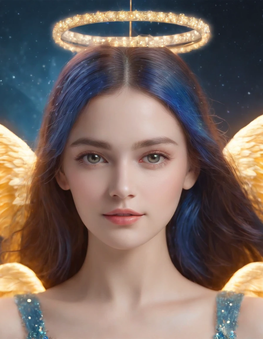 (best quality,4k,8k,highres,masterpiece:1.2),ultra-detailed,(realistic,photorealistic,photo-realistic:1.37), Cosmic Aquarius Angel:1.7, Aquarius Angel, upper body, glowing light eyes, Blue hair, Crystal glass material, royal flash noble, sacred, Cosmic background, Very bright colors, Light particles, with light glowing, Mshiff, wallpaper art,UHD wallpaper, (Paired with Canon EF 35mm F/1.4L II USM lens for versatile compositions:1.2)