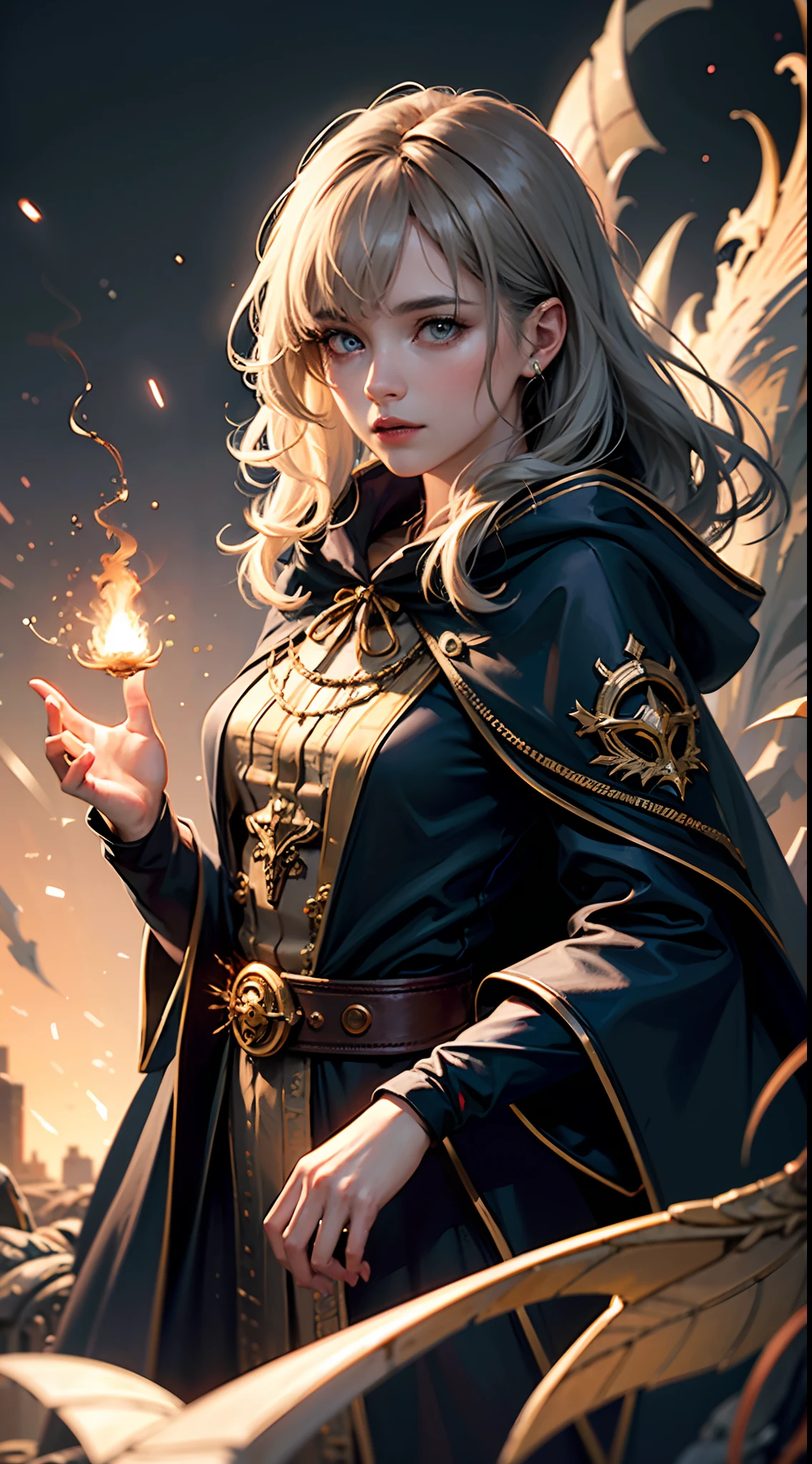 A close up of a woman in a black dress holding a fire - SeaArt AI