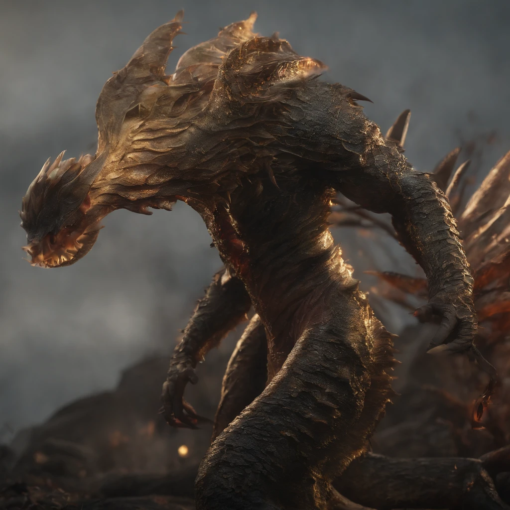 Golden Tenryu,Harsh red eyes,Close-up release of blood fire from the nose,Chest scales,high high quality,8K,Many details,Fire lettuce,Alas,4 legs,Spotted claws,golds,dangers,fires,dentes pontiagudos,big dragon,immensity,threatening,imponent