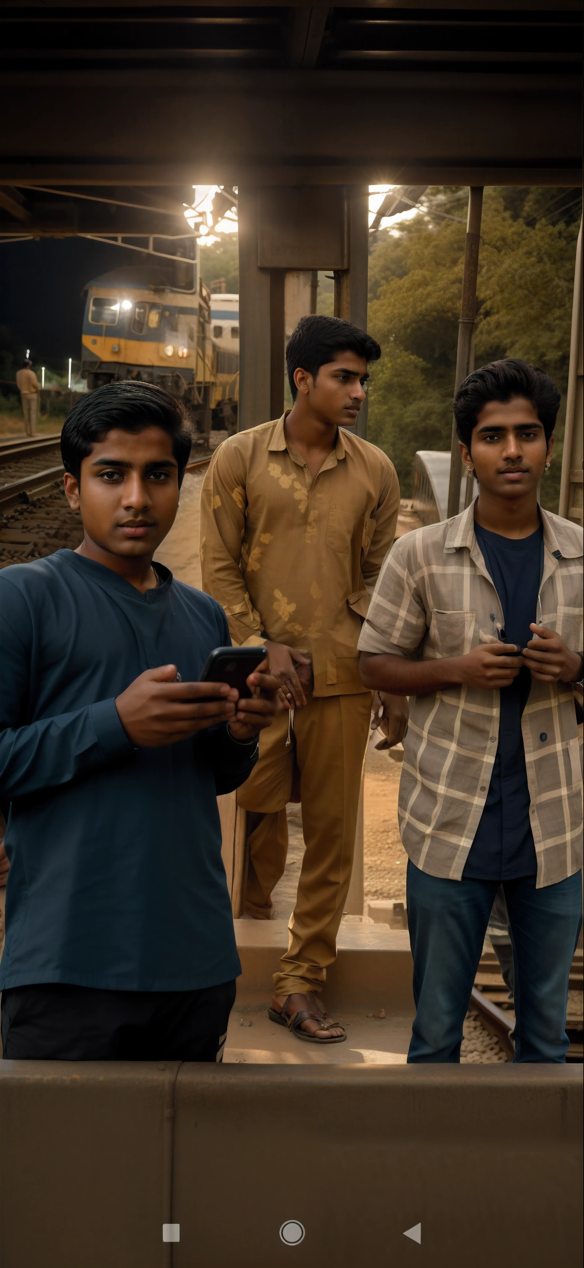 Raw photo, there are three Indian 19 year old men standing on a train track with a cell phone, real life picture, best quality, hyperrealistic, 8k uhd quality, extremely detailed face, extremely detailed lighting, extremely detailed cloths, soft light, smooth, extremely detailed background. Expressive eyes