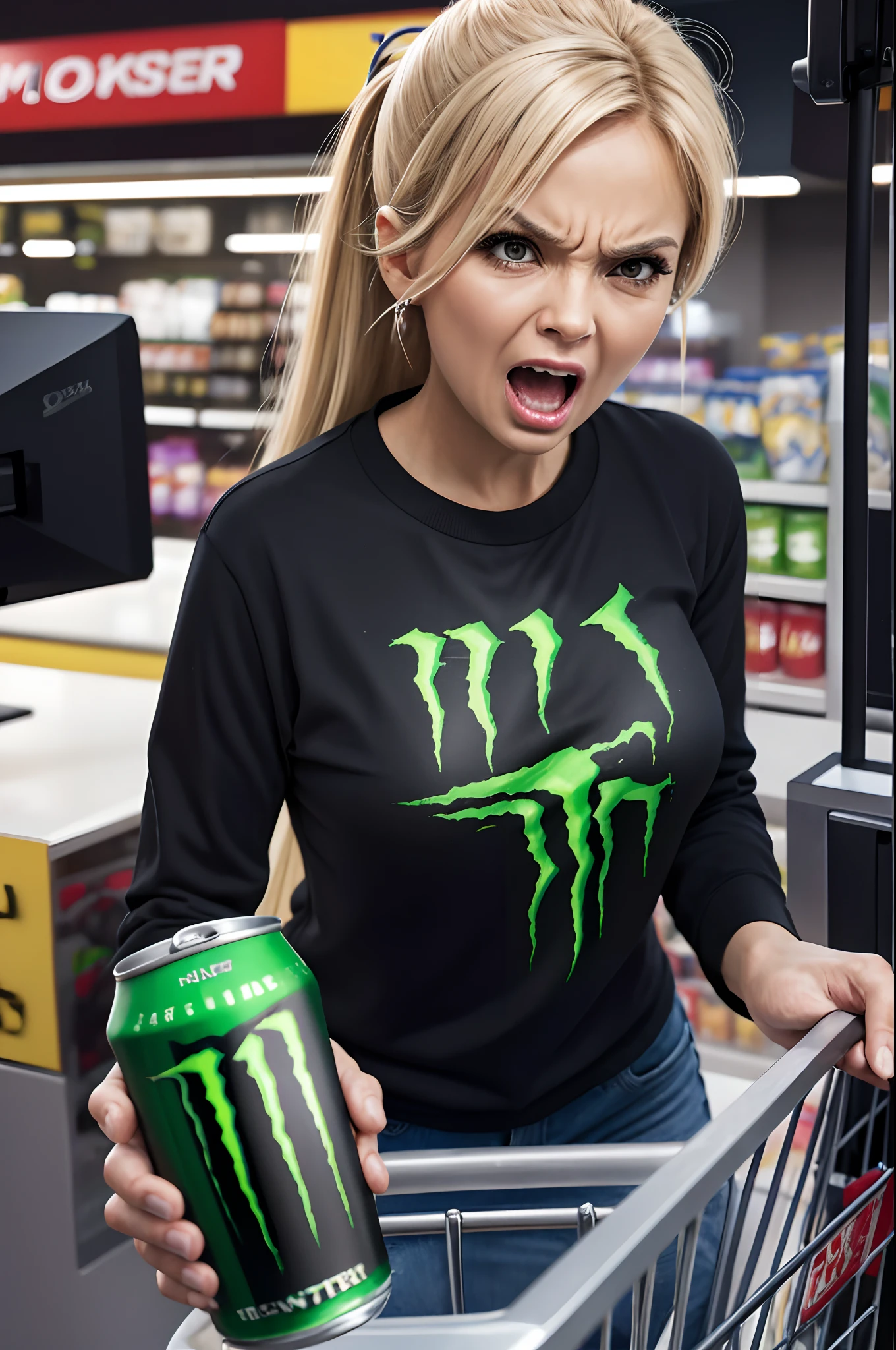 irate customer and clerk apologizing, complaint, complainer, monster complainer, cash register, shopping cart with cans of monster energy drink, angry elderly woman, store, customer with wide open mouth screaming, ( 8k, 16k, award winning, top quality: 1.2, high resolution, super detail: 1.2, textured skin, anatomically correct, masterpiece: 1.4)