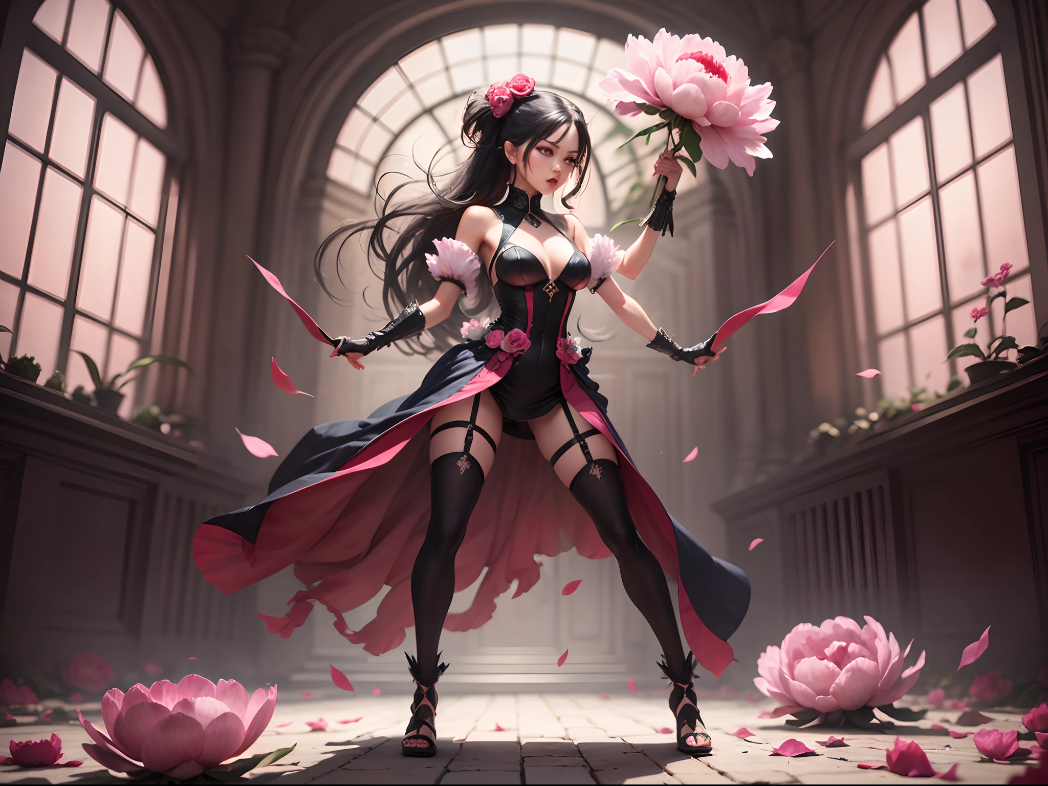Peony woman, full body, Peony flower color palette, fighting stance, fierce look. --auto --s2