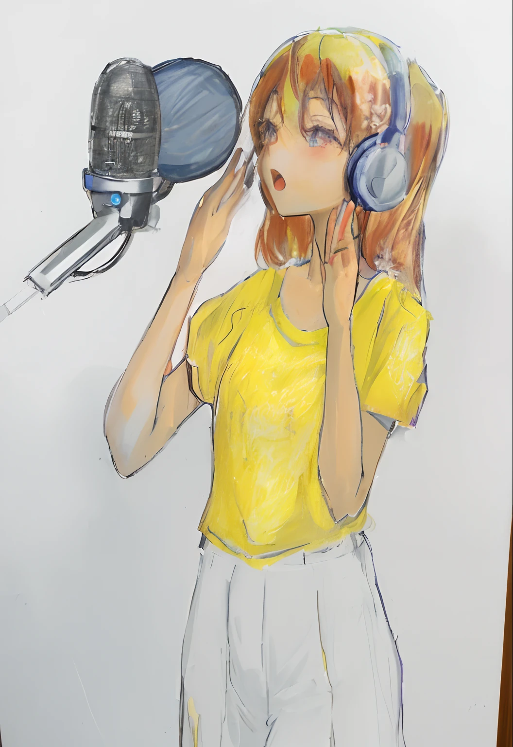 Drawing of a woman holding headphones in front of a microphone, colored sketch anime manga panel, girl in studio, aya takano color style, painted in anime painter studio, by Kamisaka Sekka, by Rei Kamoi, By Yasutomo Oka, japanese anime artist drawn, inspired by Leiko Ikemura, marin kitagawa fanart