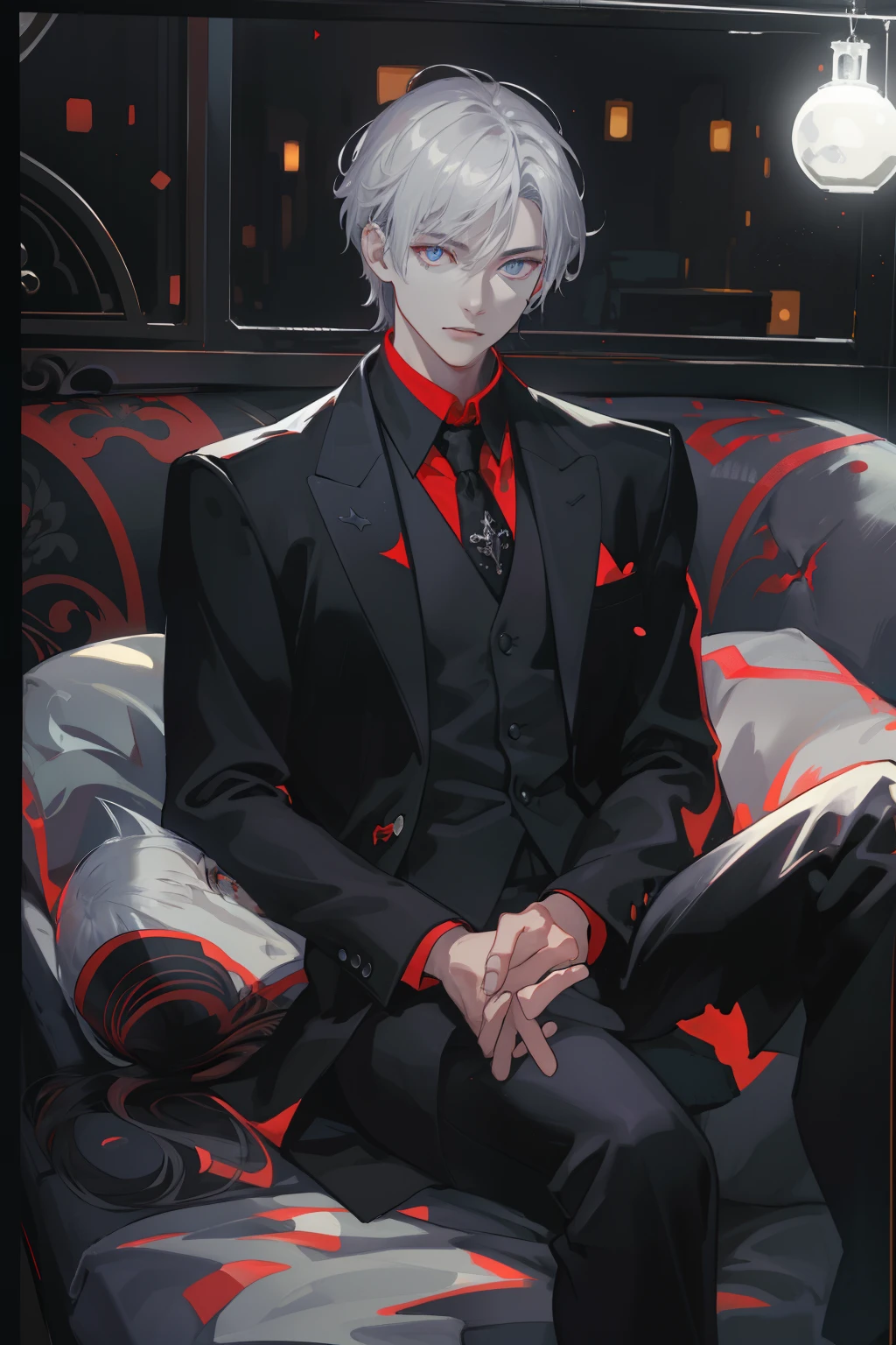 (masuter piece,Best Quality,Ultra-detailed), (A detailed face), 1boy, A young man who left his boyhood behind,(front-facing view),(Photorealsitic:1.2),(side lights,Beautiful Eyes of Details:1.2),shiny silver hair,red eyes,Black shirt with black tie,Vest with ornaments,shinny skin,独奏,Vampires,depth of fields,black light particles,sit on sofa,Mafioso,Underworld