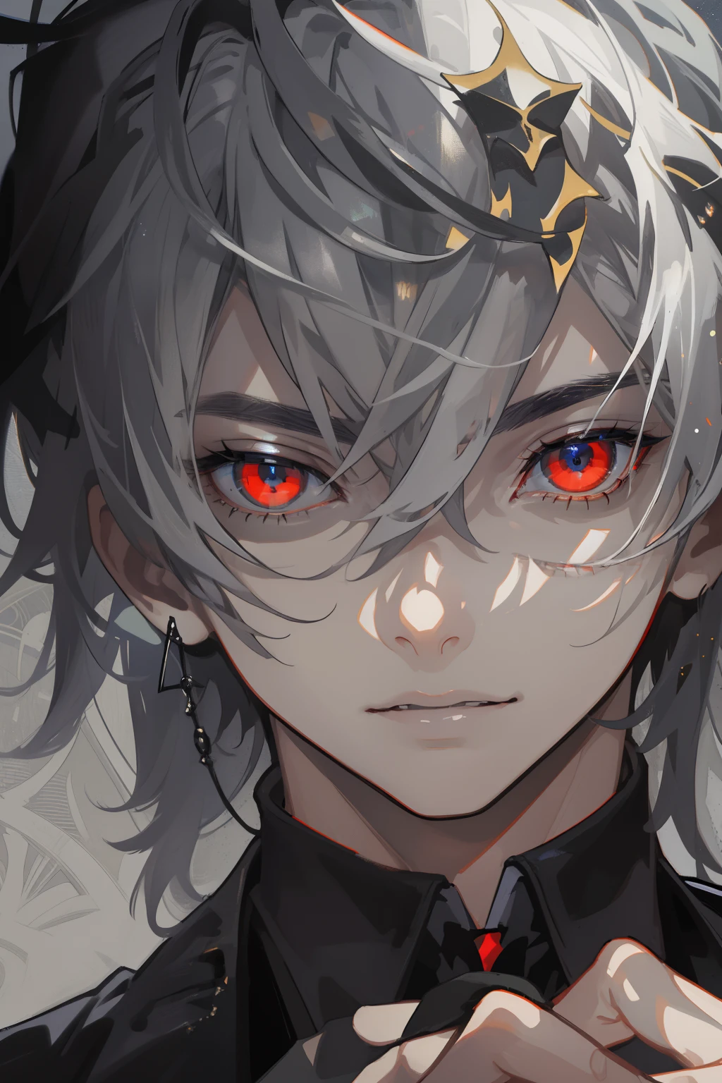 (masuter piece,Best Quality,Ultra-detailed), (A detailed face), 1boy, A young man who left his boyhood behind,(front-facing view),(Photorealsitic:1.2),(side lights,Beautiful Eyes of Details:1.2),shiny silver hair,red eyes,Black shirt with black tie,Vest with ornaments,shinny skin,独奏,Vampires,depth of fields,black light particles,sit on sofa,Mafioso,Underworld