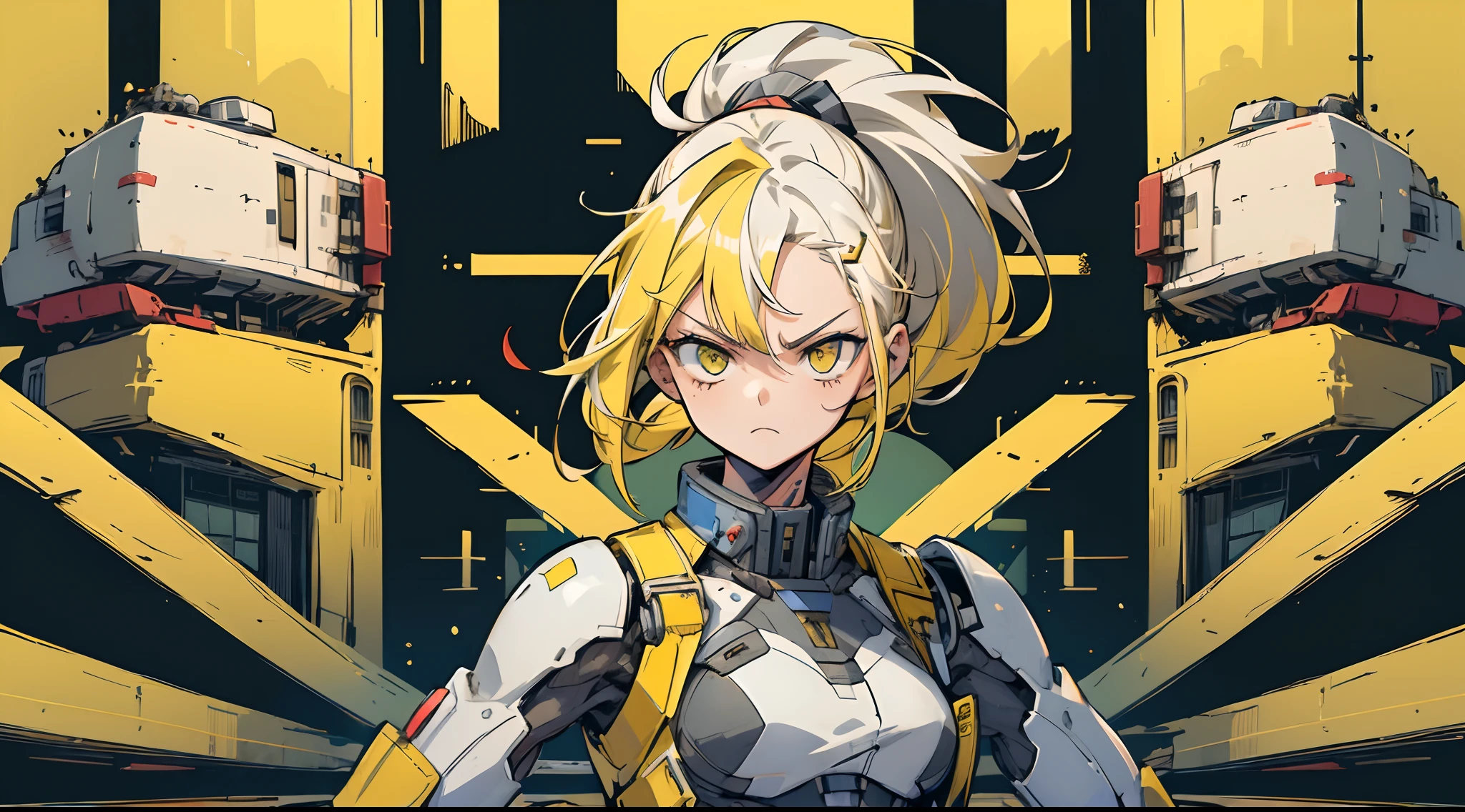 (((girl))),(middle body shot),(split-color hair),(split-color yellow hair and white half),(ponytail Hairstyles),downtown, cute girl, urban upbringing,1boy,niji,mecha suits,angry,fight action