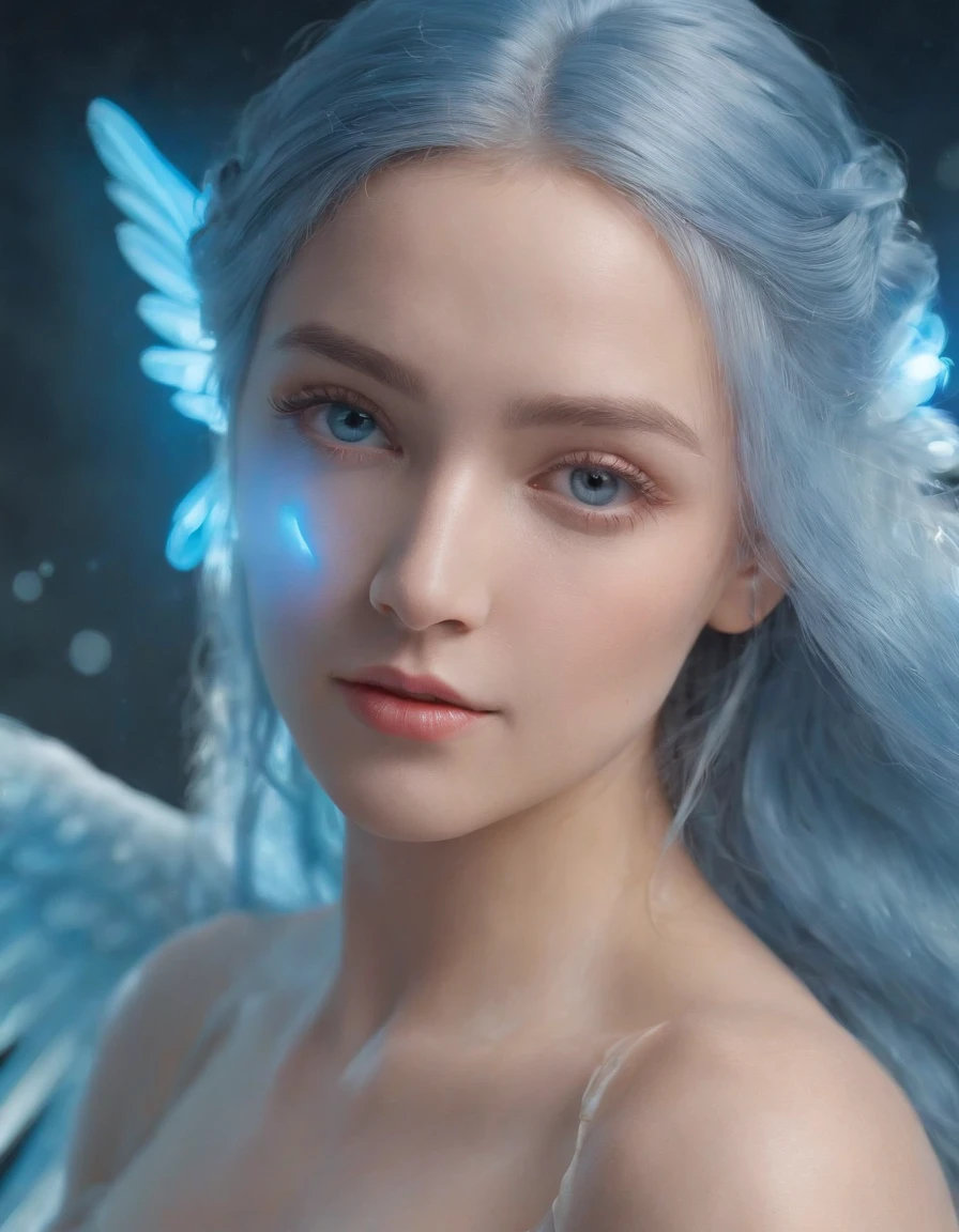 (best quality,4k,8k,highres,masterpiece:1.2),ultra-detailed,(realistic,photorealistic,photo-realistic:1.37), Cosmic Aquarius Angel:1.7, Aquarius Angel, upper body, glowing light eyes, Blue hair, Crystal glass material, royal flash noble, sacred, Cosmic background, Very bright colors, Light particles, with light glowing, Mshiff, wallpaper art,UHD wallpaper, (Paired with Canon EF 35mm F/1.4L II USM lens for versatile compositions:1.2)